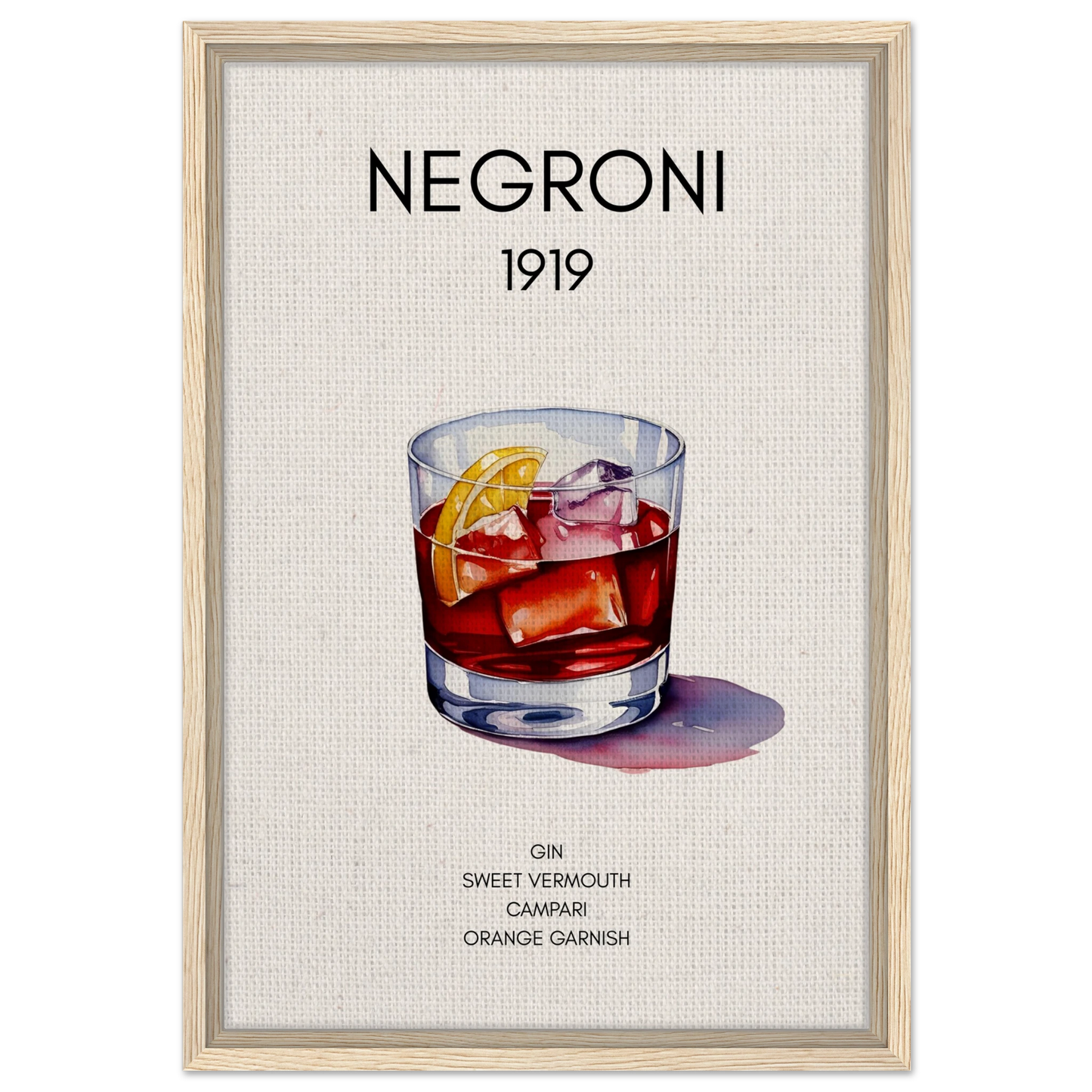 Negroni Cocktail Bar Poster Print Light Wood Frame 40x60 cm 16x24″ Framed Canvas
