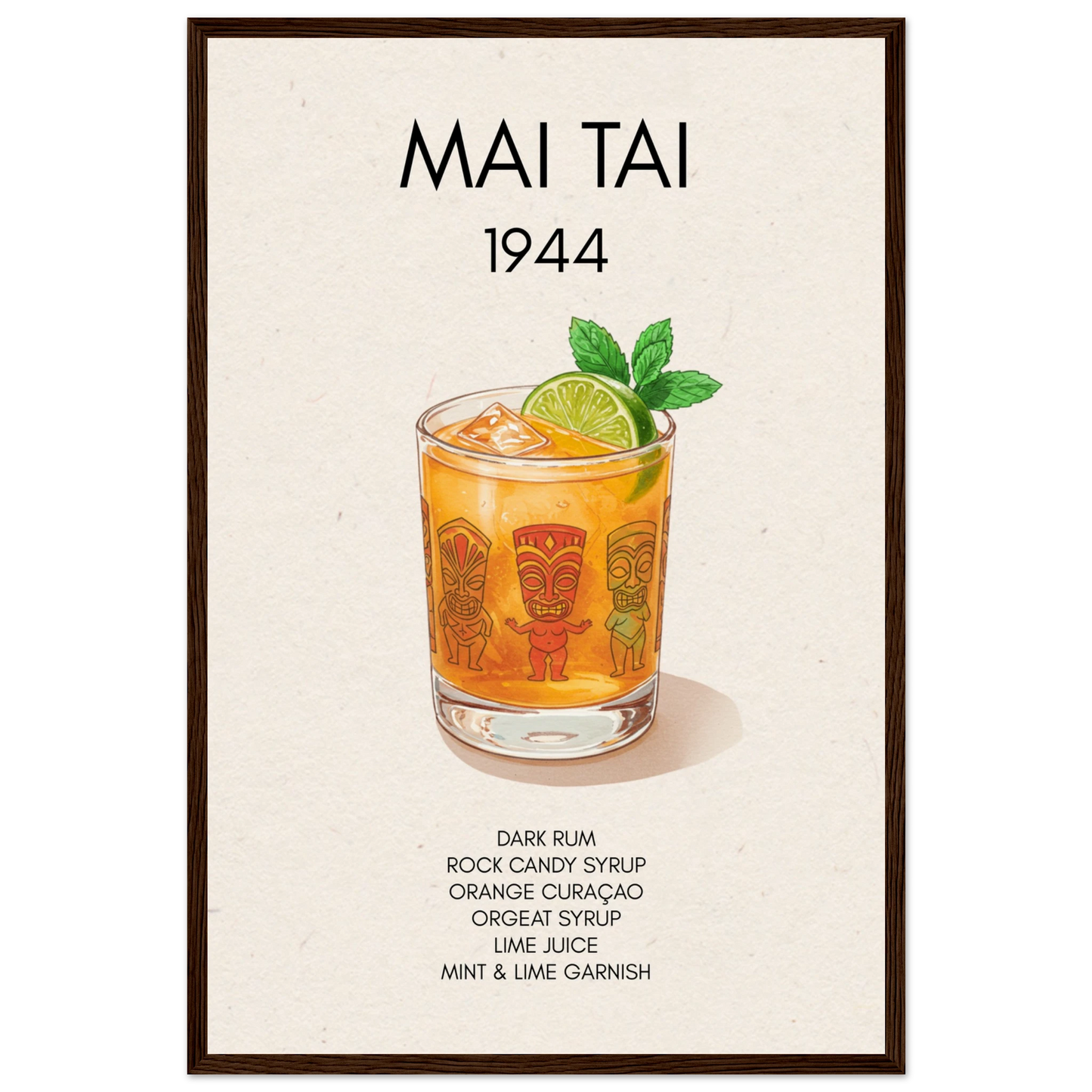 Mai Tai Tropical Cocktail Bar Poster Print Dark Brown Wood Frame 40x60 cm 16x24″ Museum-Quality Matte Paper Wooden Framed Poster