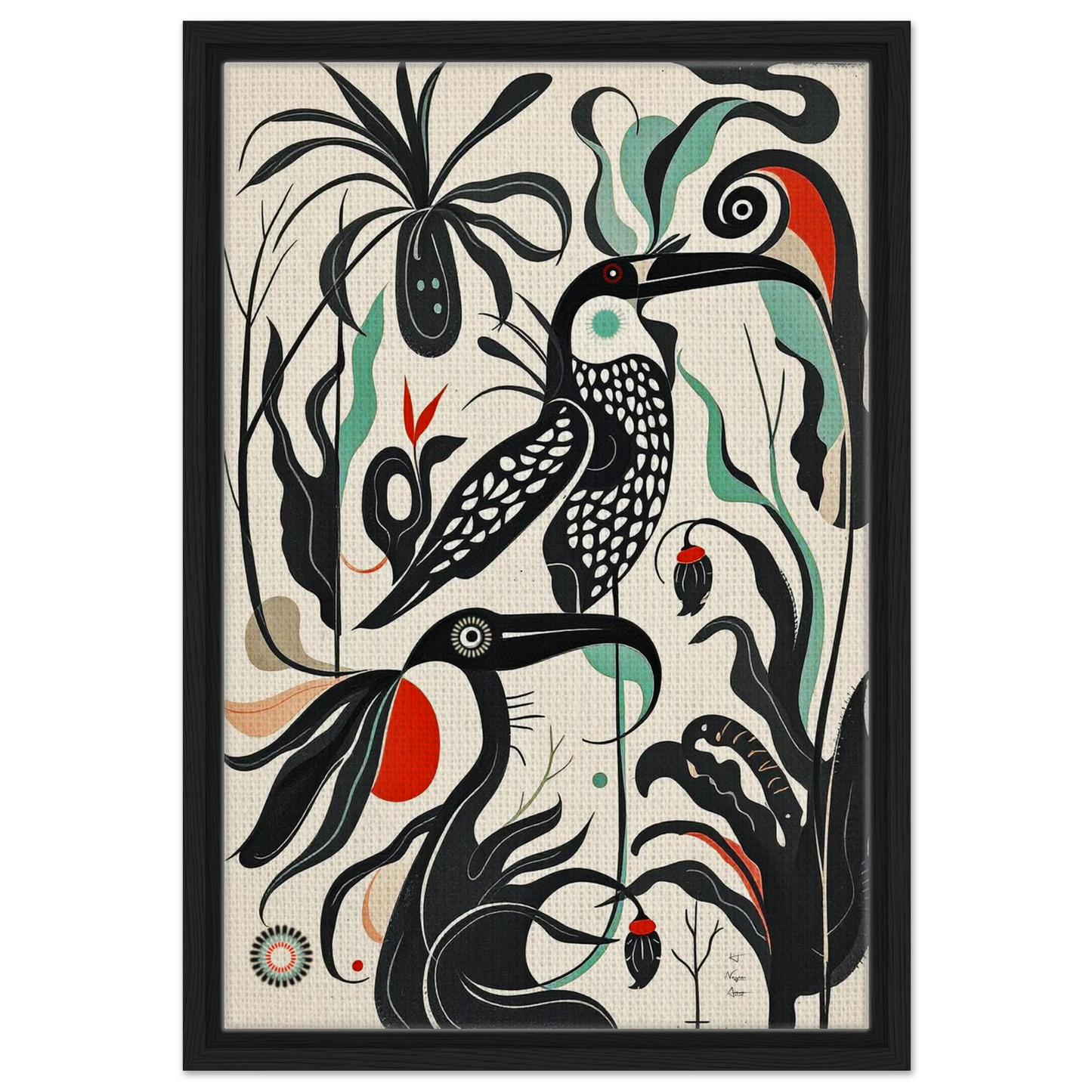 Mid-Century Modern Tropical Bird Art Print Black Wood Frame 40x60 cm 16x24″ Framed Canvas