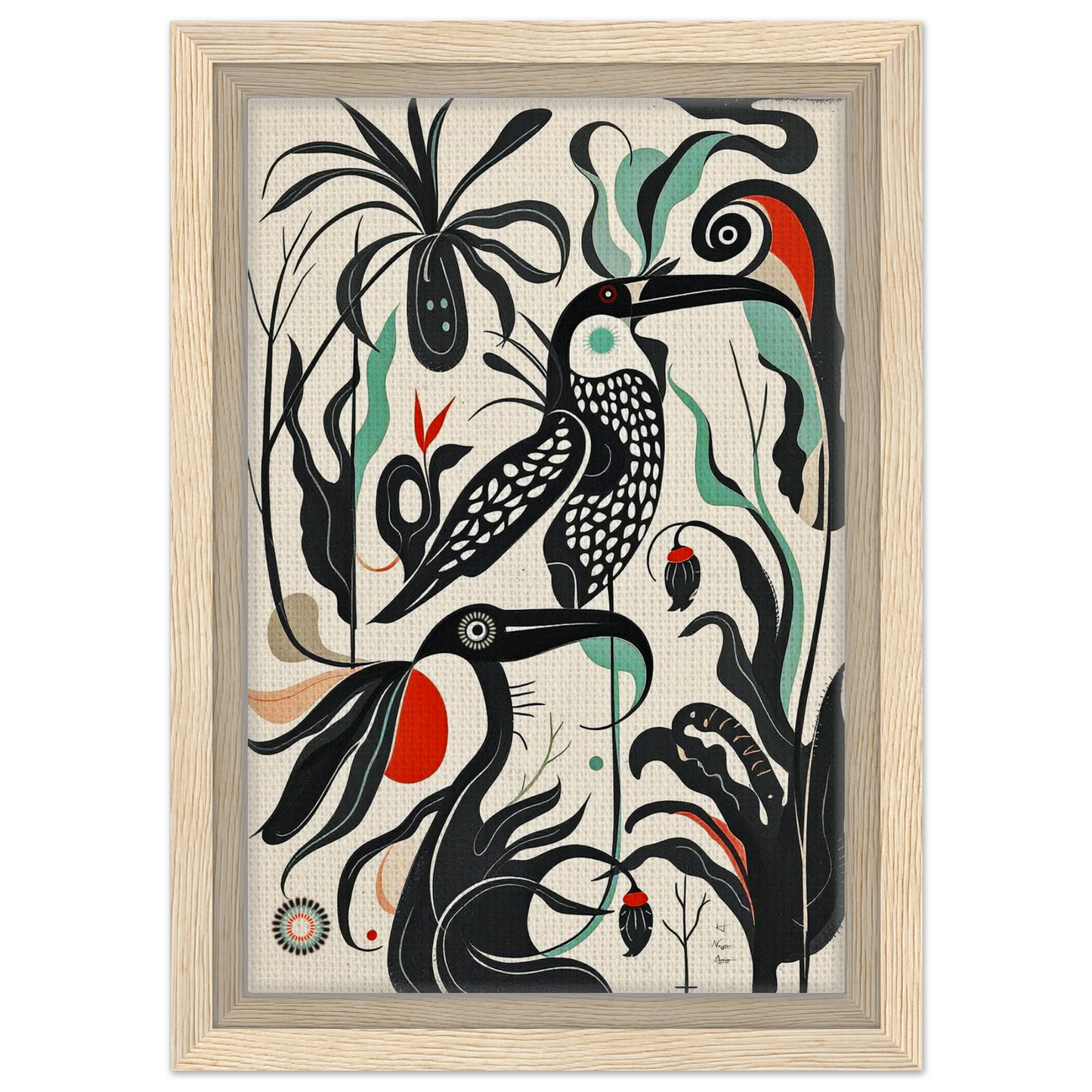 Mid-Century Modern Tropical Bird Art Print Light Wood Frame 20x30 cm 8x12″ Framed Canvas