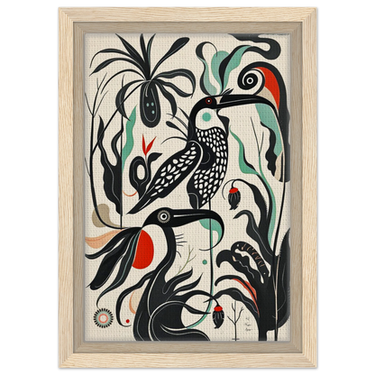 Mid-Century Modern Tropical Bird Art Print Light Wood Frame 20x30 cm 8x12″ Framed Canvas