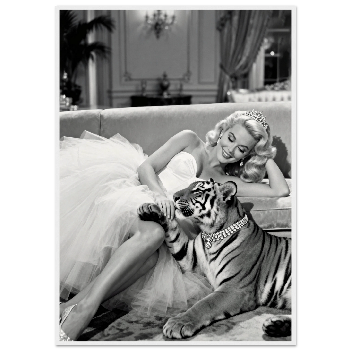 Vintage Hollywood Starlet Tiger Art Print 70x100 cm 28x40″ Museum-Quality Matte Framed Poster - White Wood