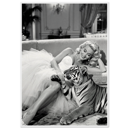 Vintage Hollywood Starlet Tiger Art Print 70x100 cm 28x40″ Museum-Quality Matte Framed Poster - White Wood