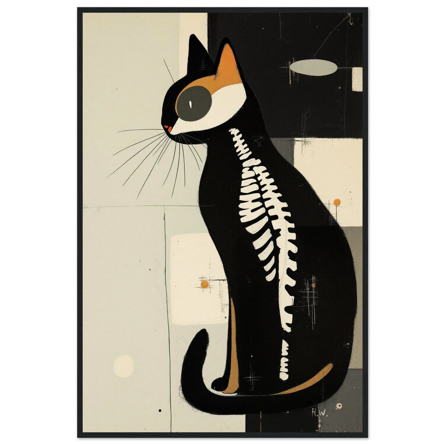 Modern Cat Skeleton Abstract Art Poster Print Black Wood Frame 60x90 cm 24x36″ Museum-Quality Matte Paper Wooden Framed Poster
