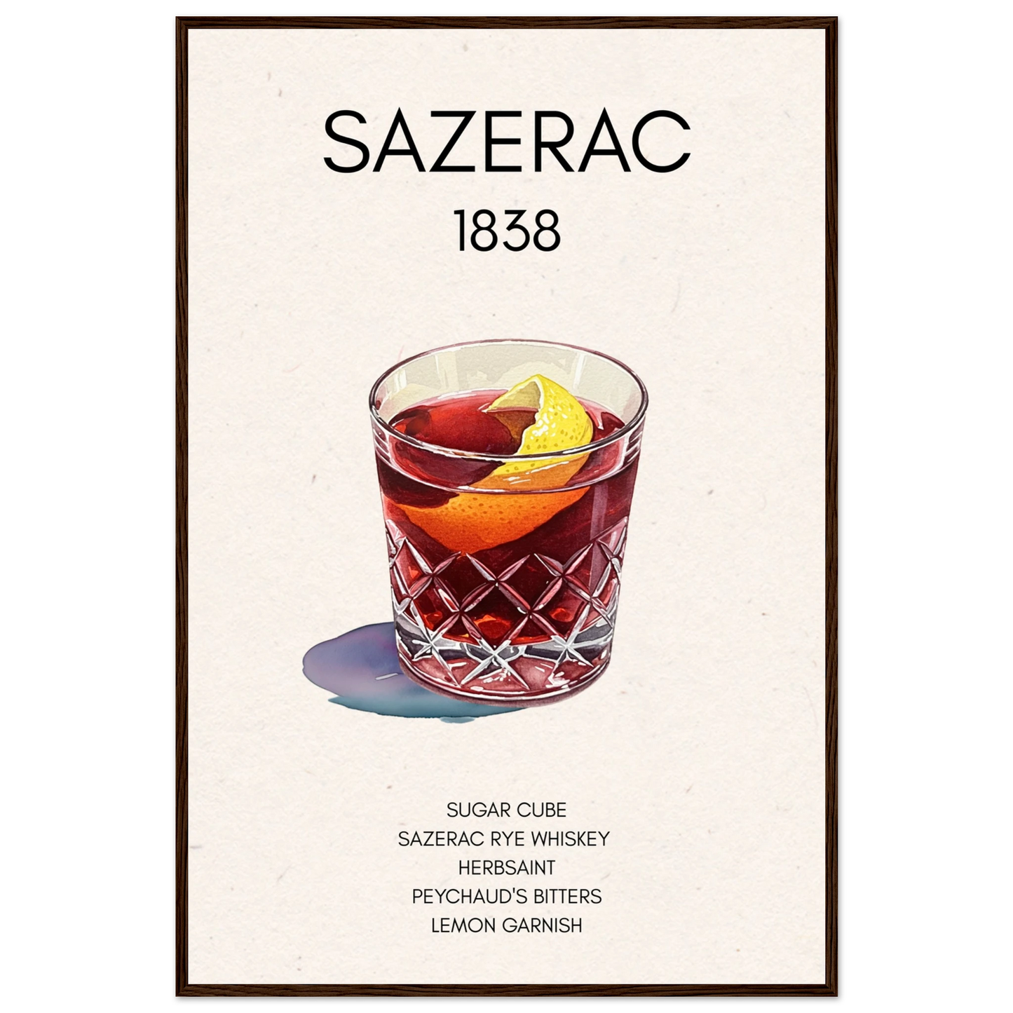 Sazerac Cocktail Bar Poster Print Dark Brown Wood Frame 60x90 cm 24x36″ Classic Matte Paper Wooden Framed Poster