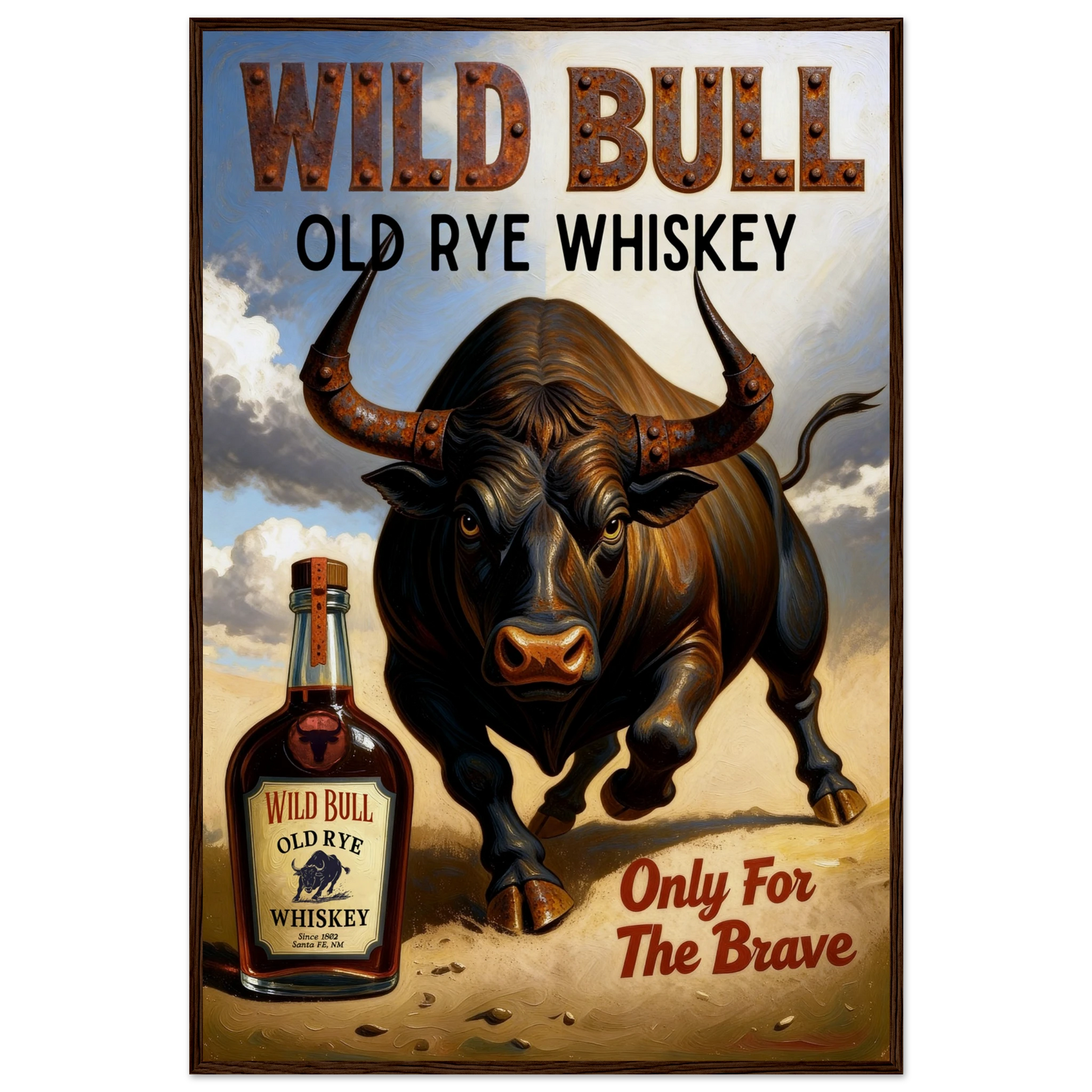 Wild Bull Old West Rye Whiskey Poster Print 60x90 cm 24x36″ Museum-Quality Matte Framed Poster Dark Brown Wood Frame