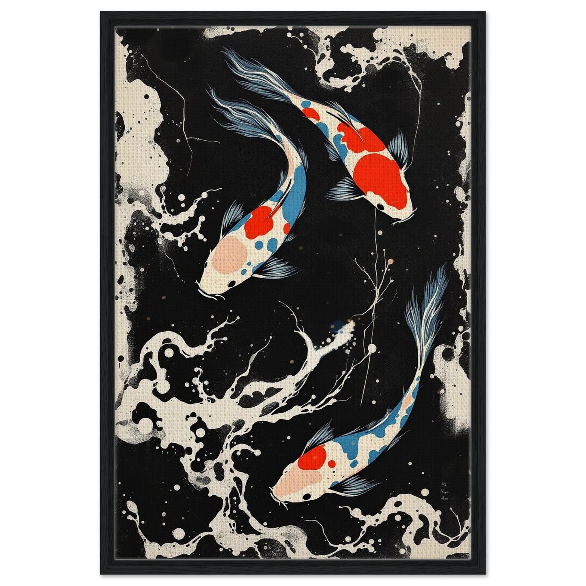 Modern Black White Koi Fish Ocean Art Print 60x90 cm 24x36″ Framed Canvas Black Wood Frame
