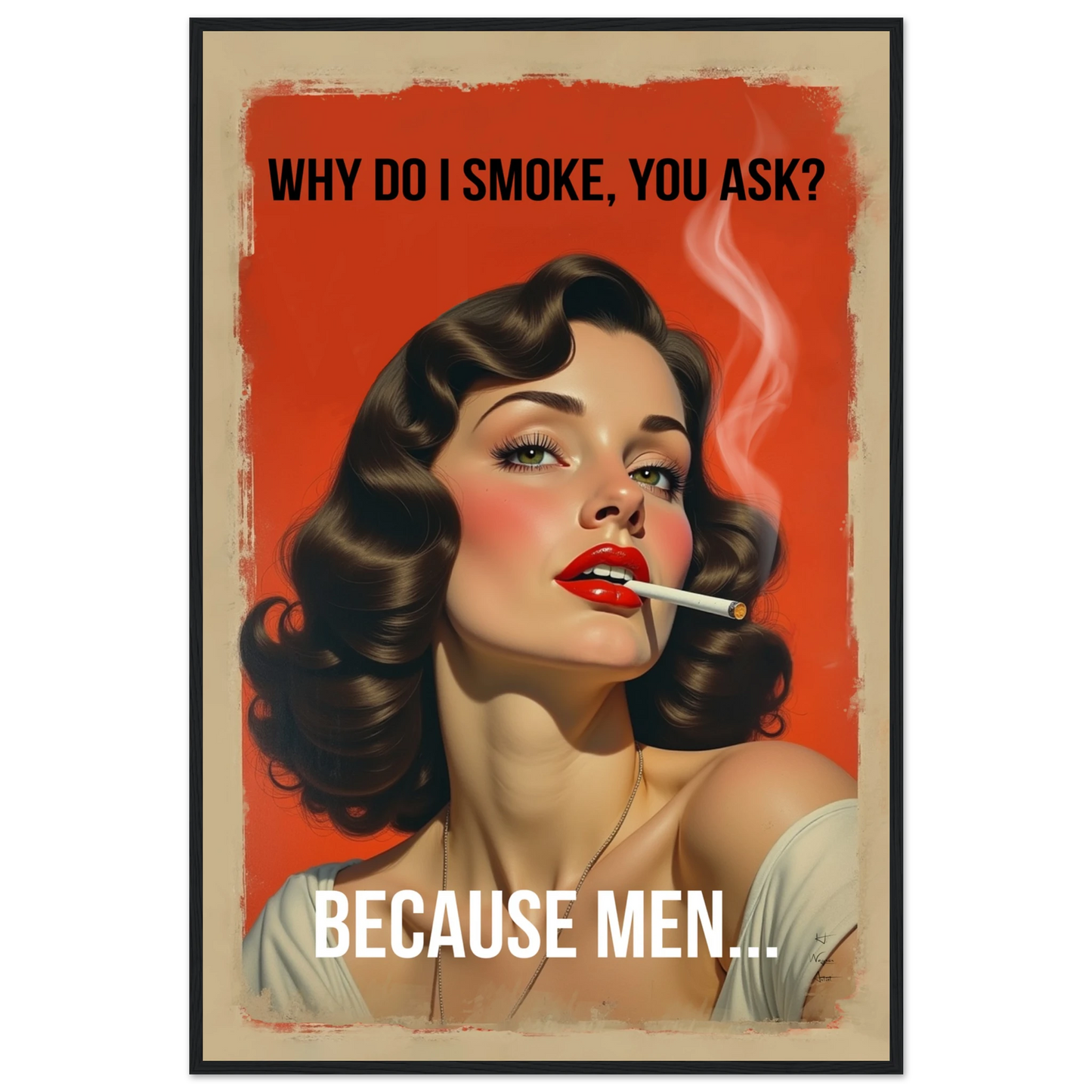 Retro Smoking Pin-Up Girl Art Print Black Wood Frame 60x90 cm 24x36″ Premium Matte Paper Wooden Framed Poster