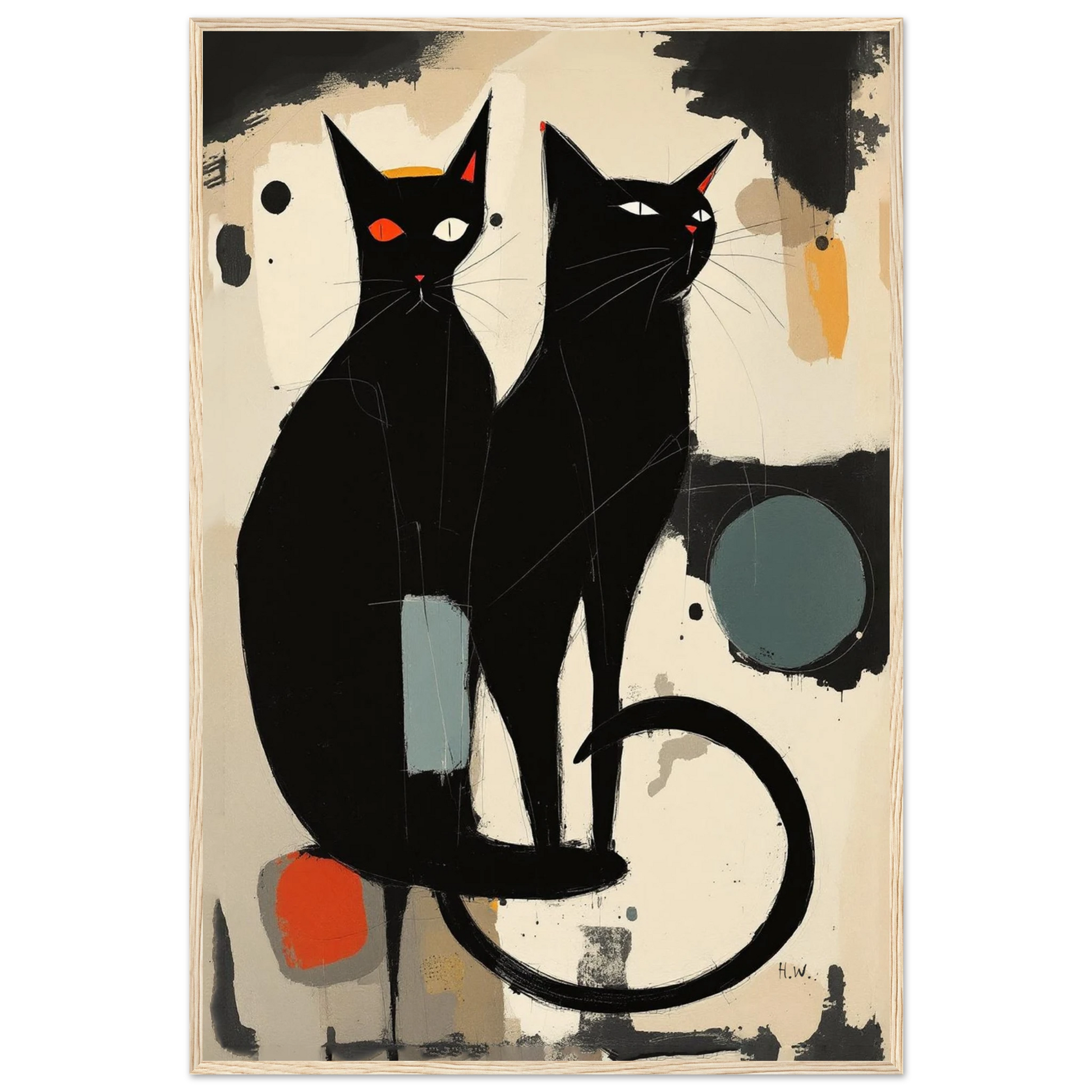 Abstract Crazy Cat Duo Art Print Light Wood Frame 60x90 cm 24x36″ Premium Matte Paper Wooden Framed Poster