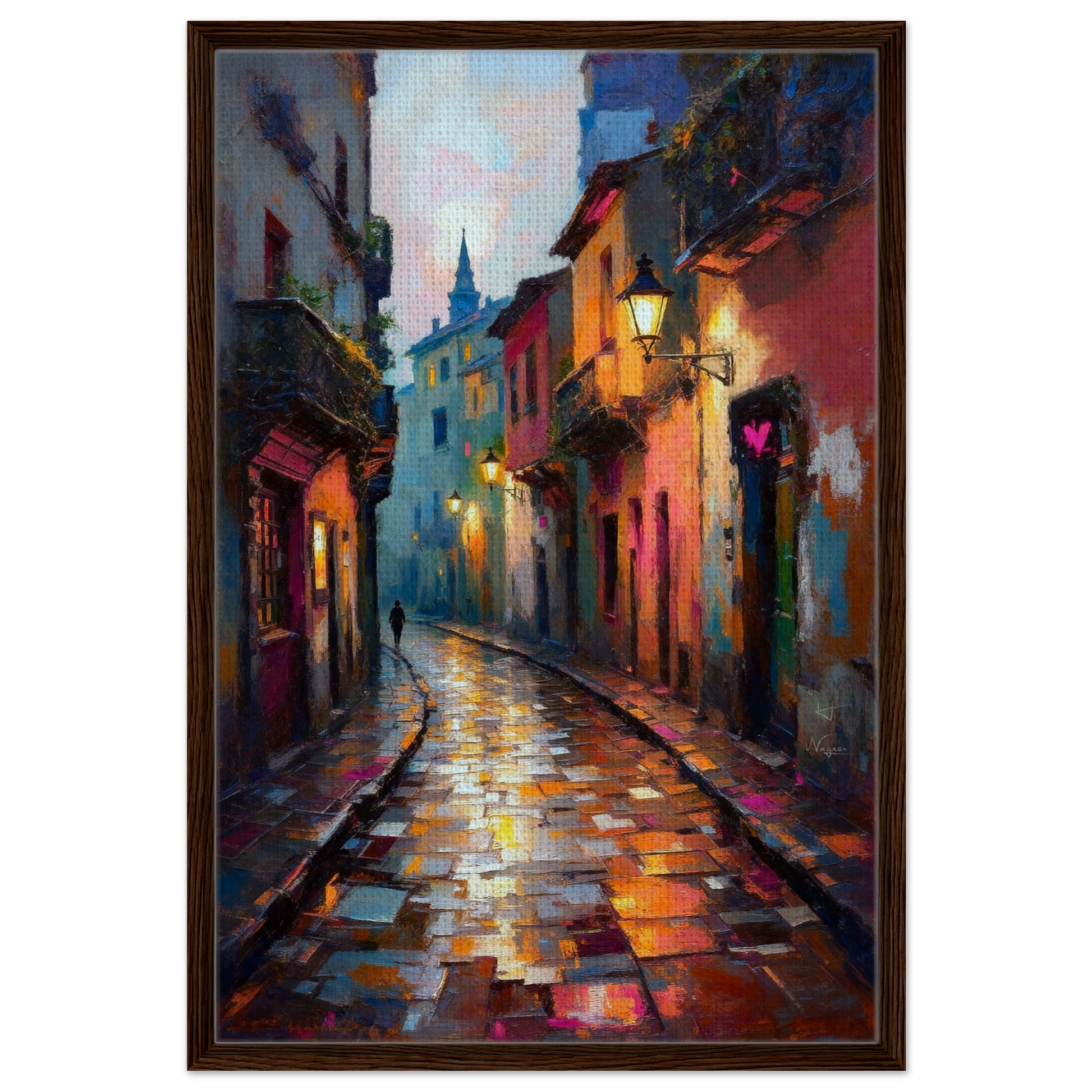Old Europe Romantic Street Art Print 60x90 cm 24x36″ Framed Canvas Dark Brown Wood