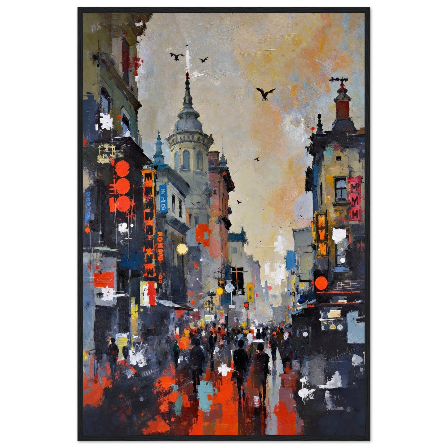 Gothic City Street Art Print - European Cityscape 60x90 cm 24x36″ Premium Matte Framed Poster - Black Wood