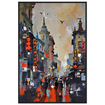 Gothic City Street Art Print - European Cityscape 60x90 cm 24x36″ Premium Matte Framed Poster - Black Wood
