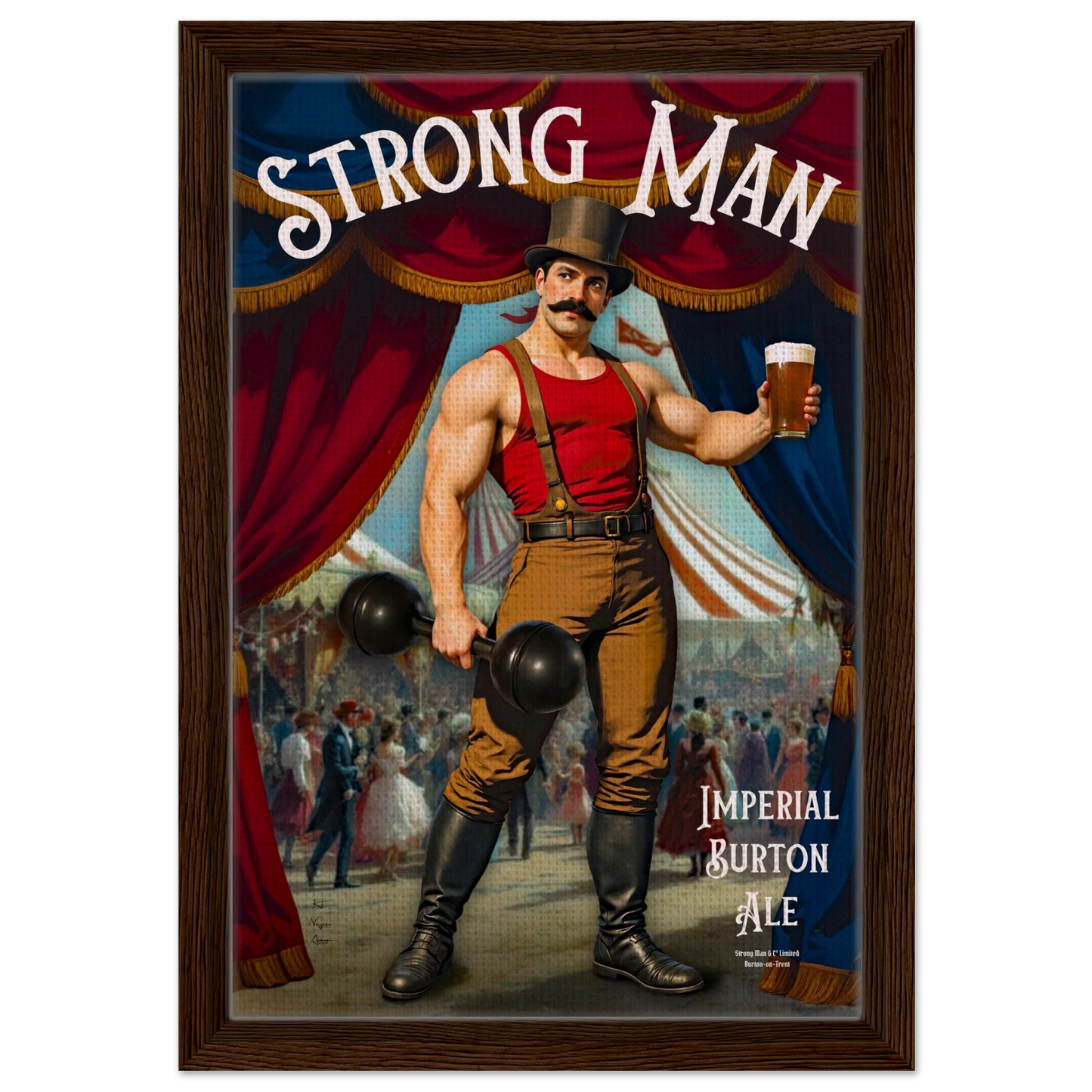Vintage Victorian Circus Strongman Ale Art Print Dark Brown Wood Frame 30x45 cm 12x18″ Framed Canvas