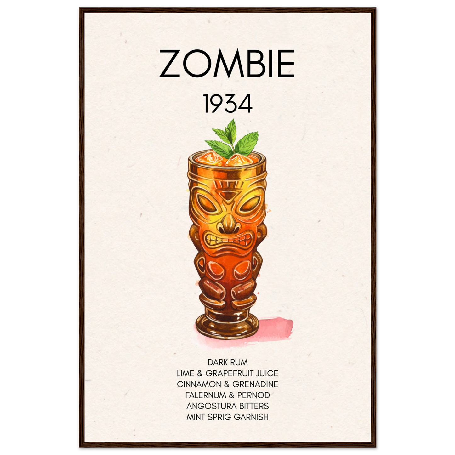 Zombie Tiki Cocktail Bar Poster Print Dark Brown Wood Frame 60x90 cm 24x36″ Premium Matte Paper Wooden Framed Poster