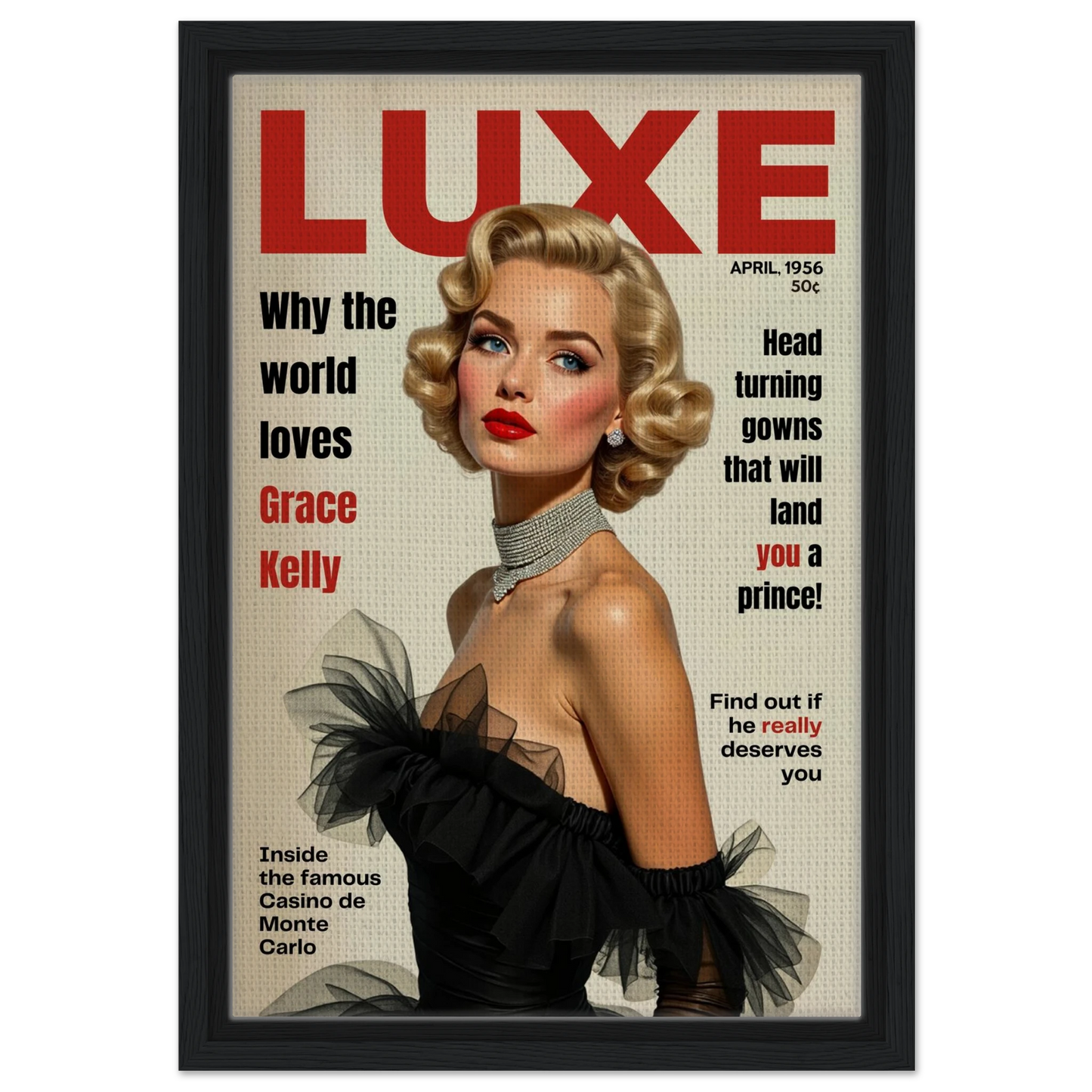 Grace Kelly Hollywood Glam Magazine Art Print Black Wood frame 30x45 cm 12x18″ Framed Canvas
