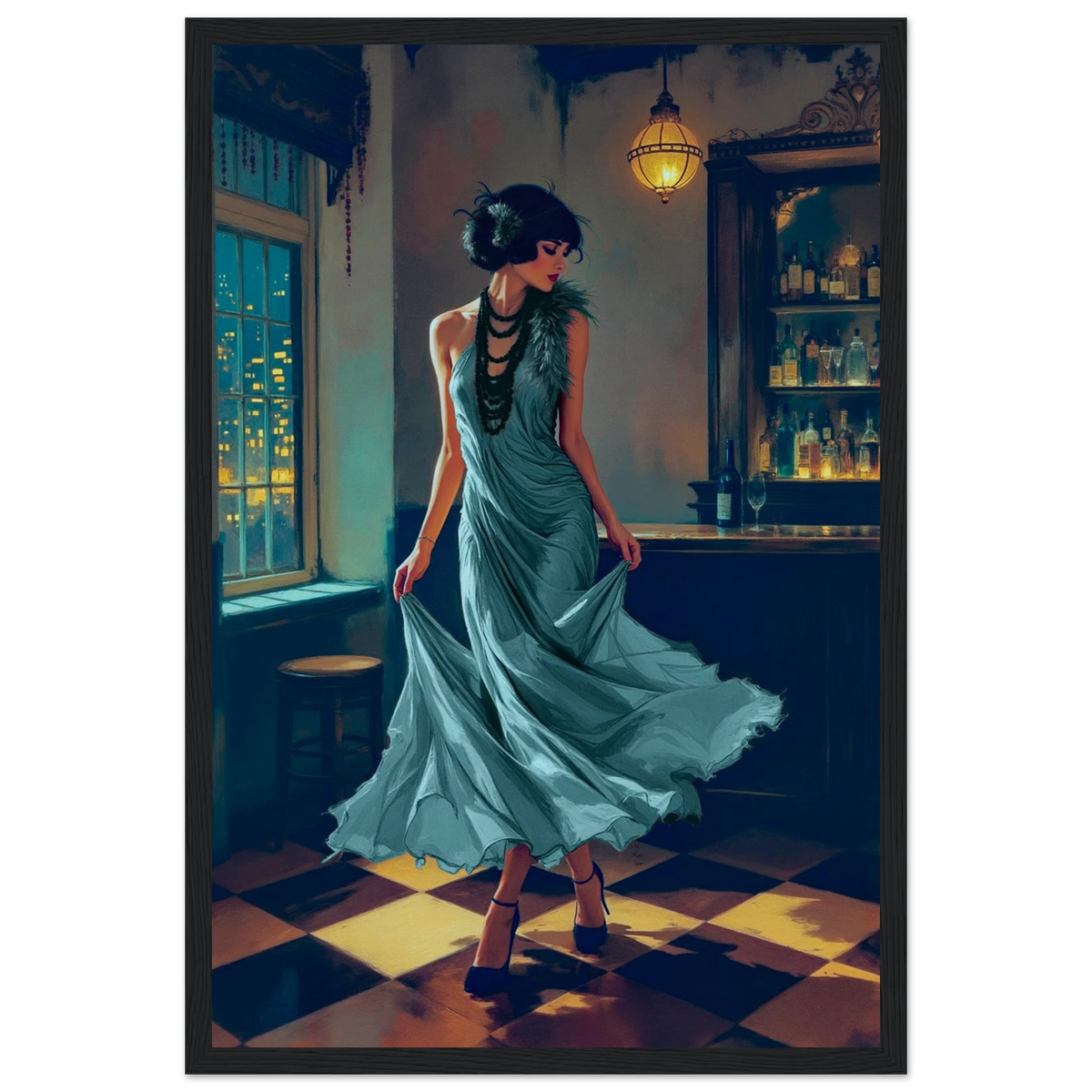 1920s Moonlit Flapper Speakeasy Art Print 30x45 cm 12x18″ Museum-Quality Matte Paper Wooden Framed Poster Black Wood Frame