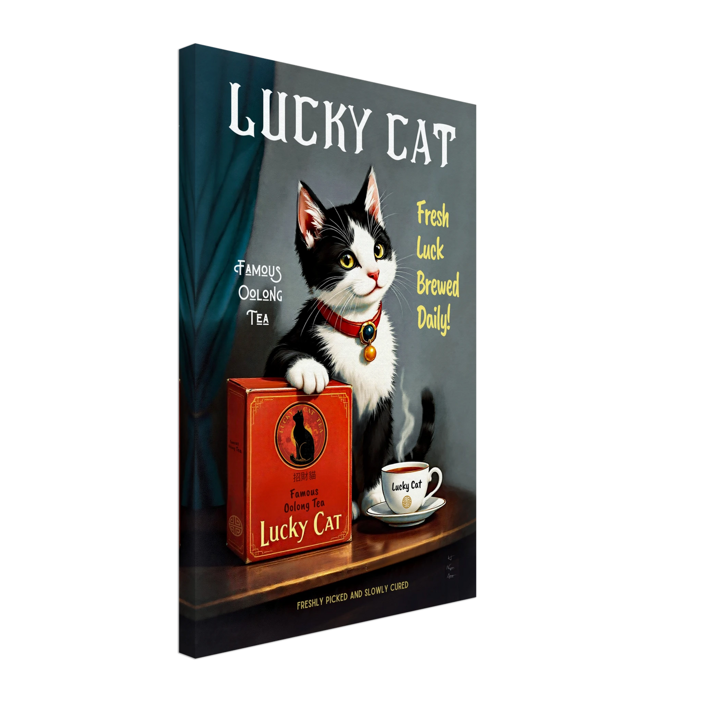 Lucky Tuxedo Cat Tea Kitchen Art Print 40x60 cm 16x24″ Gallery Wrapped Canvas No Frame