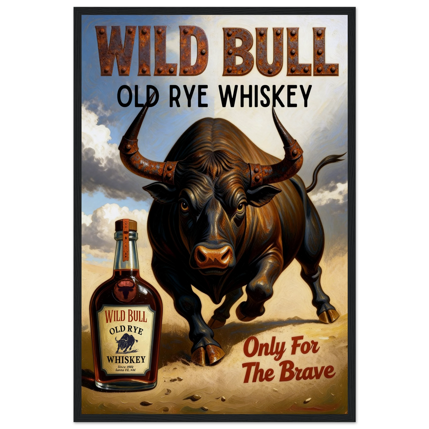 Wild Bull Old West Rye Whiskey Poster Print 40x60 cm 16x24″ Museum-Quality Matte Framed Poster Black Wood Frame