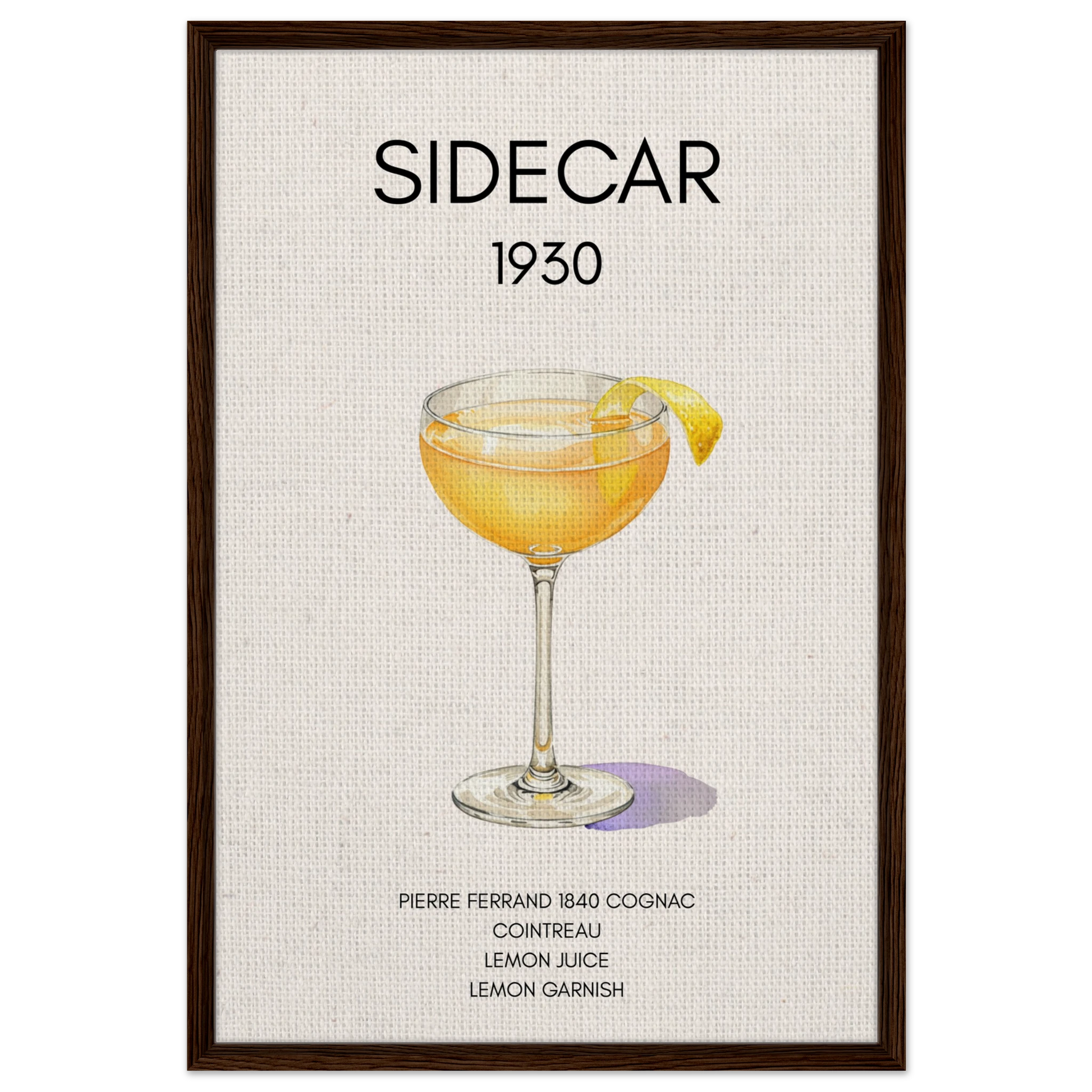 Classic Sidecar Cocktail Bar Art Print Dark Brown Wood Frame 60x90 cm 24x36″ Framed Canvas