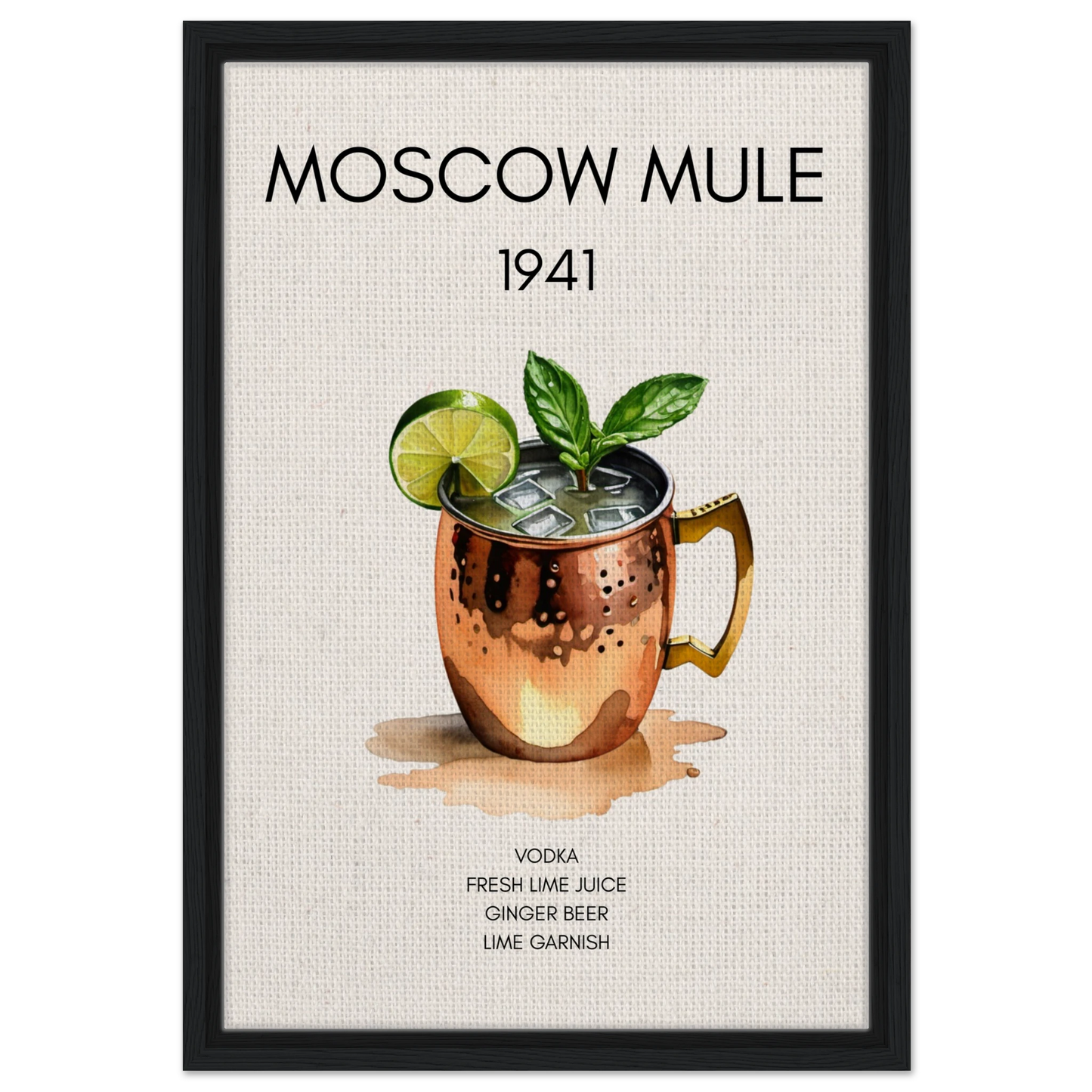Moscow Mule Cocktail Bar Poster Print Black Wood Frame 40x60 cm 16x24″ Framed Canvas