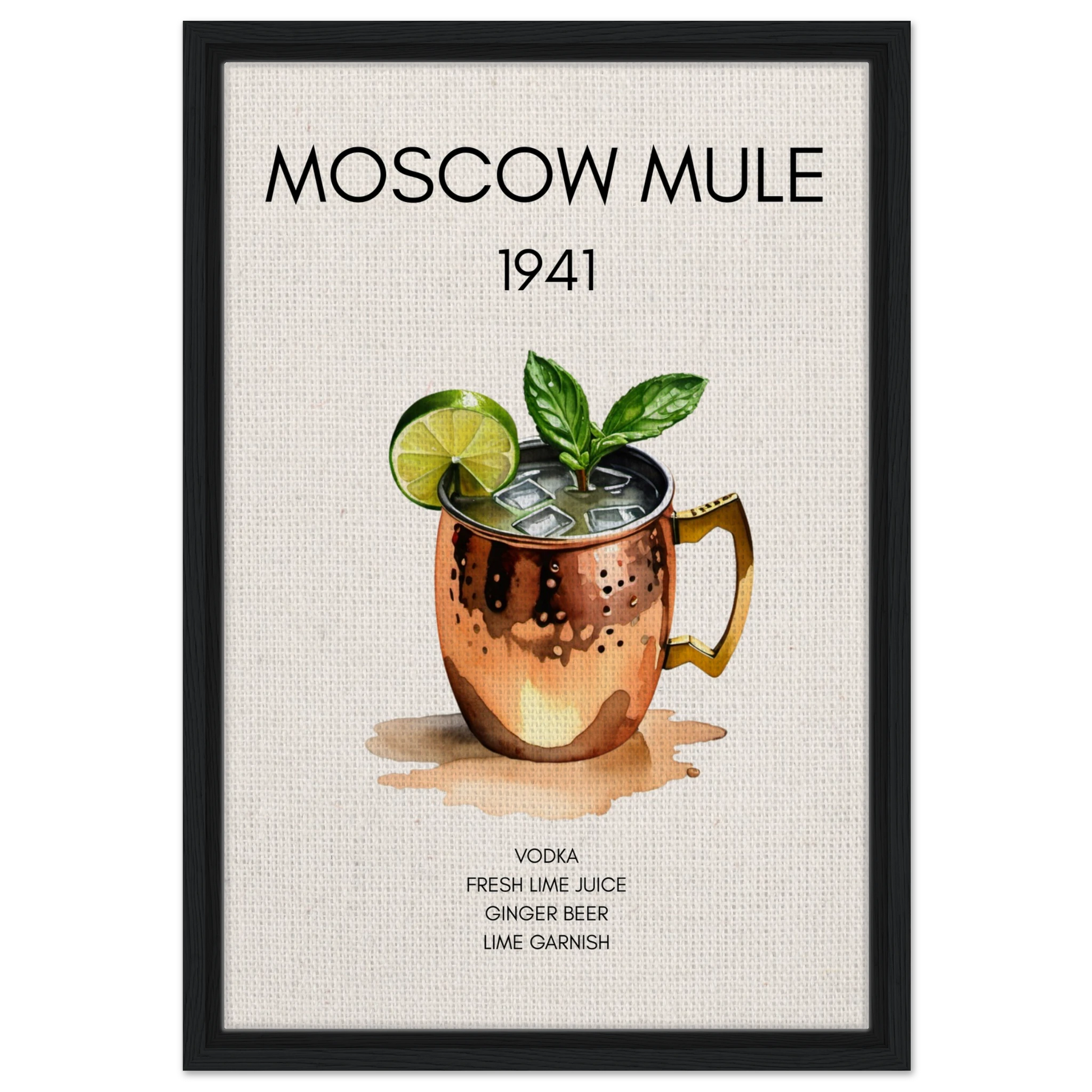 Moscow Mule Cocktail Bar Poster Print Black Wood Frame 40x60 cm 16x24″ Framed Canvas