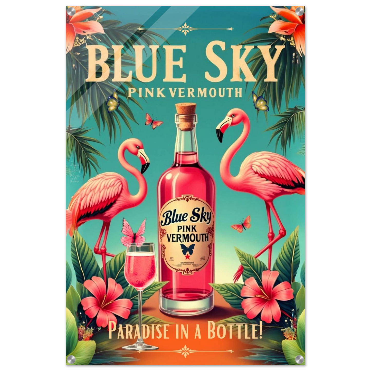 Vintage Pink Flamingo Tiki Bar Art Print 60x90 cm 24x36″ Sleek Acrylic Print No Frame