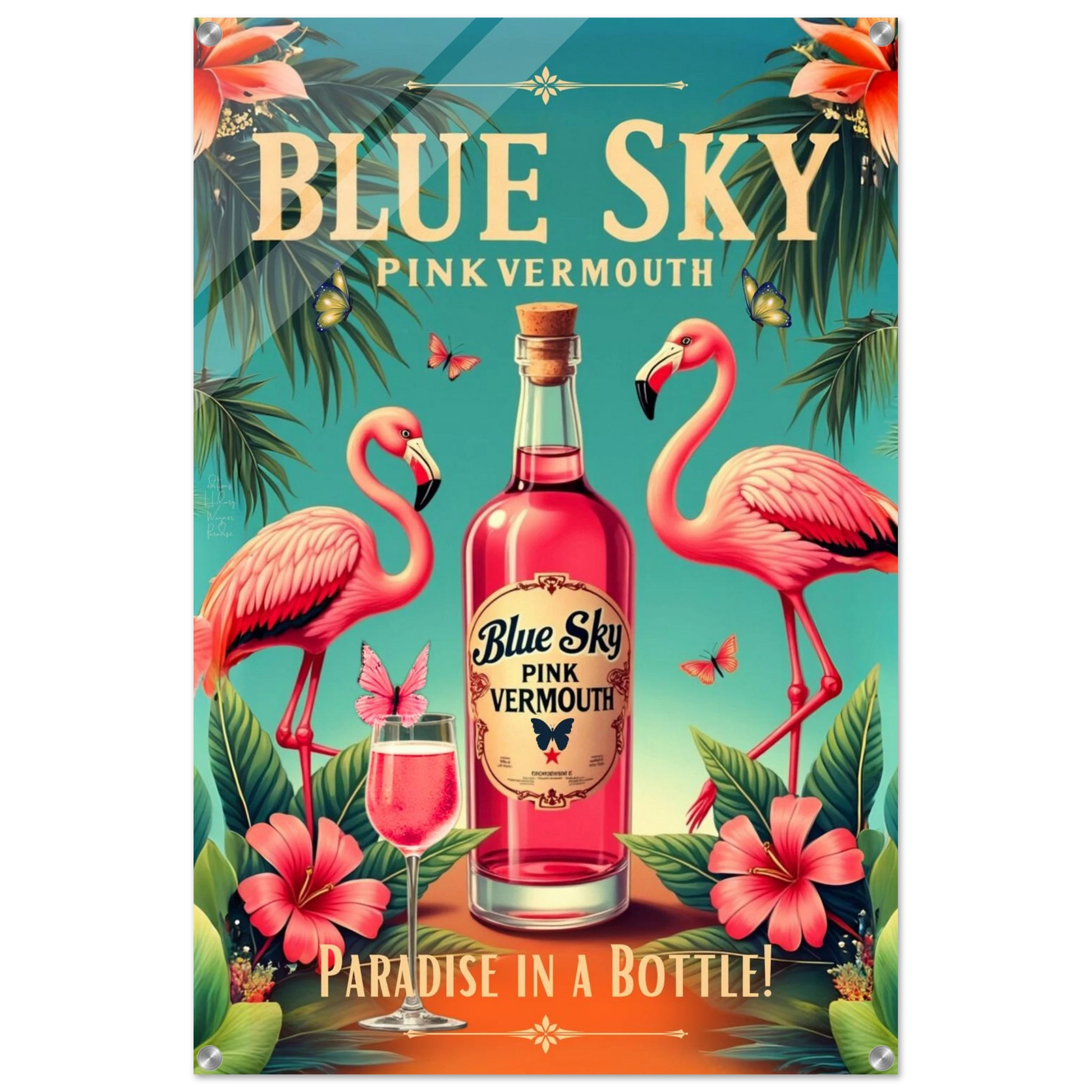 Vintage Pink Flamingo Tiki Bar Art Print 60x90 cm 24x36″ Sleek Acrylic Print No Frame
