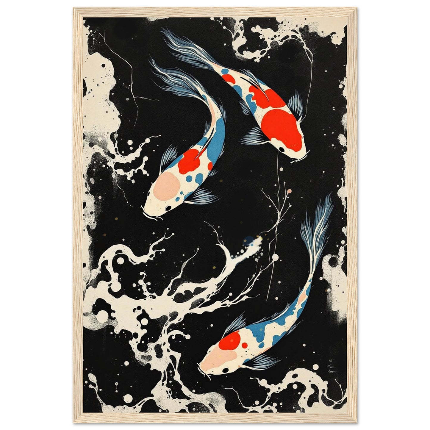 Modern Black White Koi Fish Ocean Art Print 30x45 cm 12x18″ Museum-Quality Matte Paper Wooden Framed Poster Light Wood Frame