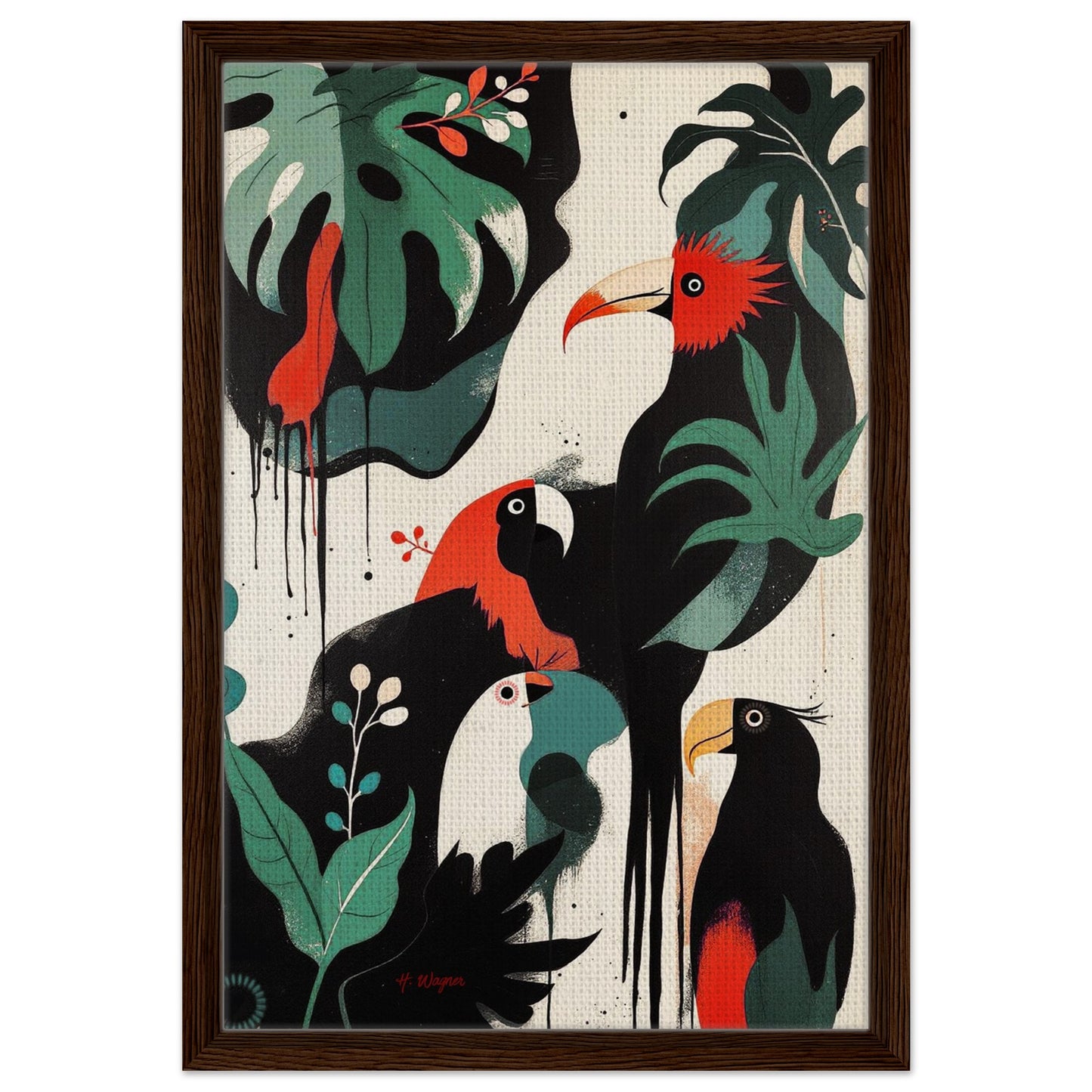 Mid-Century Modern Exotic Bird Art Poster Print - Framed Tropical Parrot Wall Décor Dark Brown Wood Frame 40x60 cm 16x24″ Framed Canvas