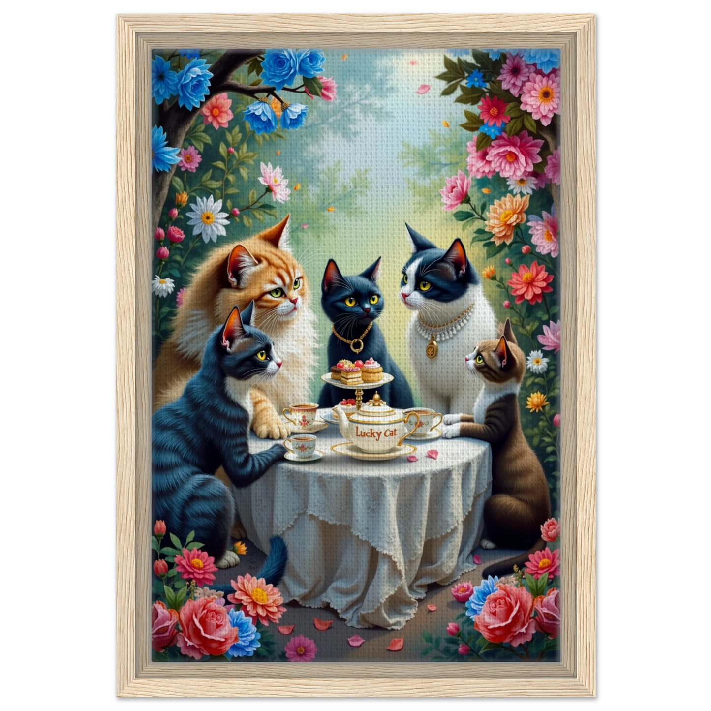Lucky Cat Tea Party Botanical Art Print 30x45 cm 12x18″ Framed Canvas Light Wood Frame
