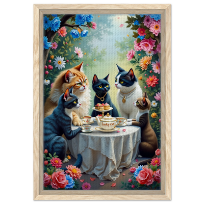 Lucky Cat Tea Party Botanical Art Print 30x45 cm 12x18″ Framed Canvas Light Wood Frame