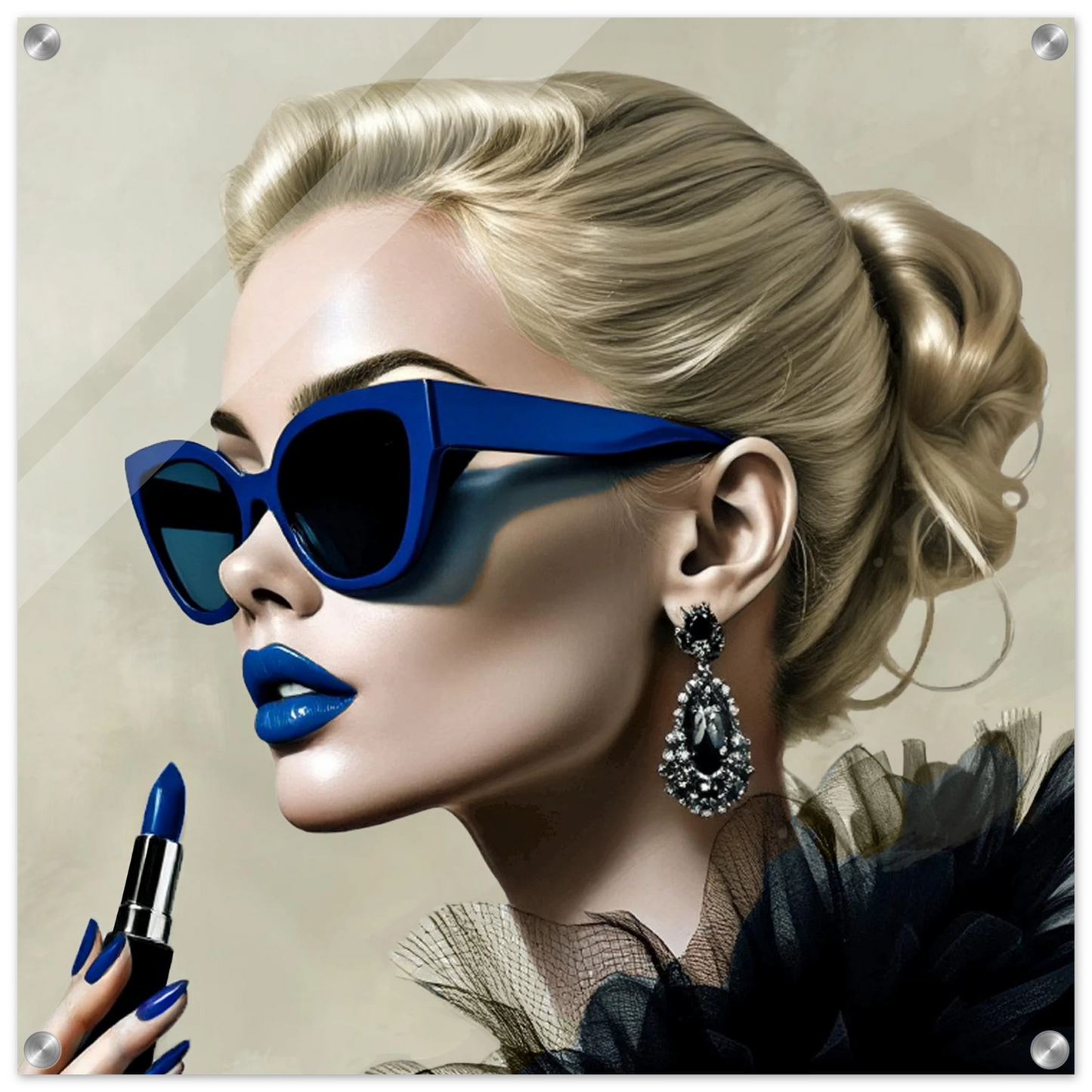 Retro Fashion Model Blue Lipstick Art Print 60x60 cm 24x24″ Sleek Acrylic Print