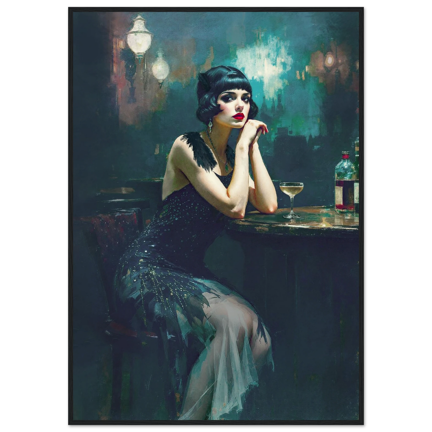 Jazz Age Speakeasy Flapper Art Print Black Wood Frame 70x100 cm 28x40″ Museum-Quality Matte Framed Poster