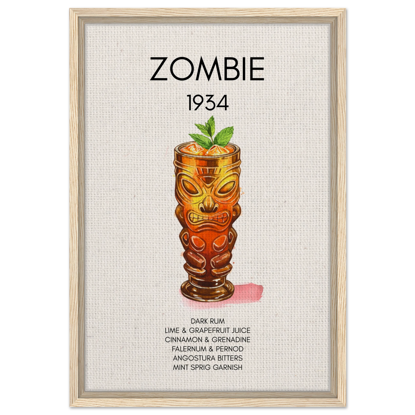 Zombie Tiki Cocktail Bar Poster Print Light Wood Frame 40x60 cm 16x24″ Framed Canvas