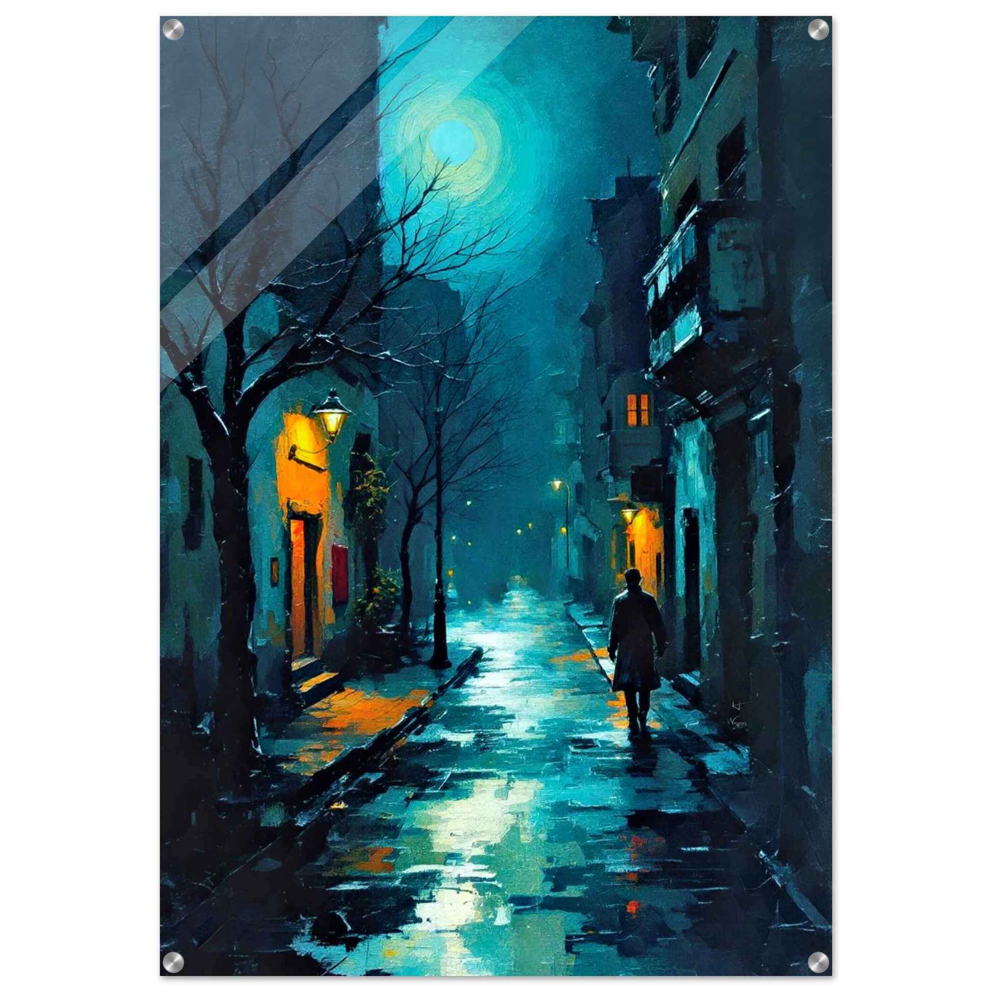 Blue Moon Night Street Scene Art Print 30x45 cm 12x18″ Sleek Acrylic Print No Frame