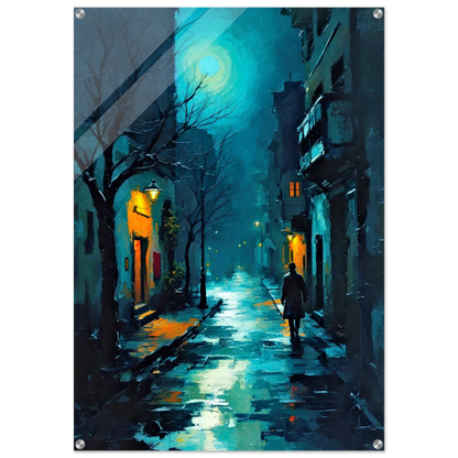Blue Moon Night Street Scene Art Print 30x45 cm 12x18″ Sleek Acrylic Print No Frame