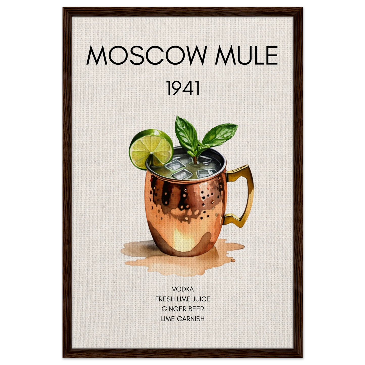 Moscow Mule Cocktail Bar Poster Print Dark Brown Wood Frame 60x90 cm 24x36″ Framed Canvas