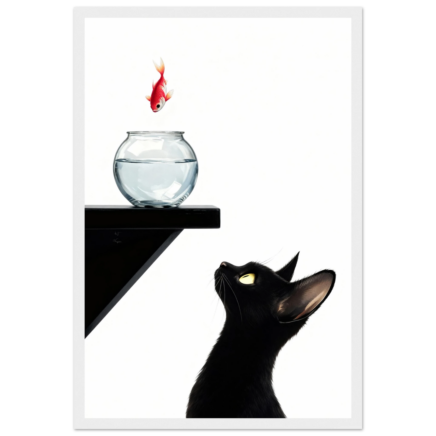 Curious Black Cat Goldfish Minimalist Art Print 30x45 cm 12x18″ Premium Matte Framed Poster - White Wood