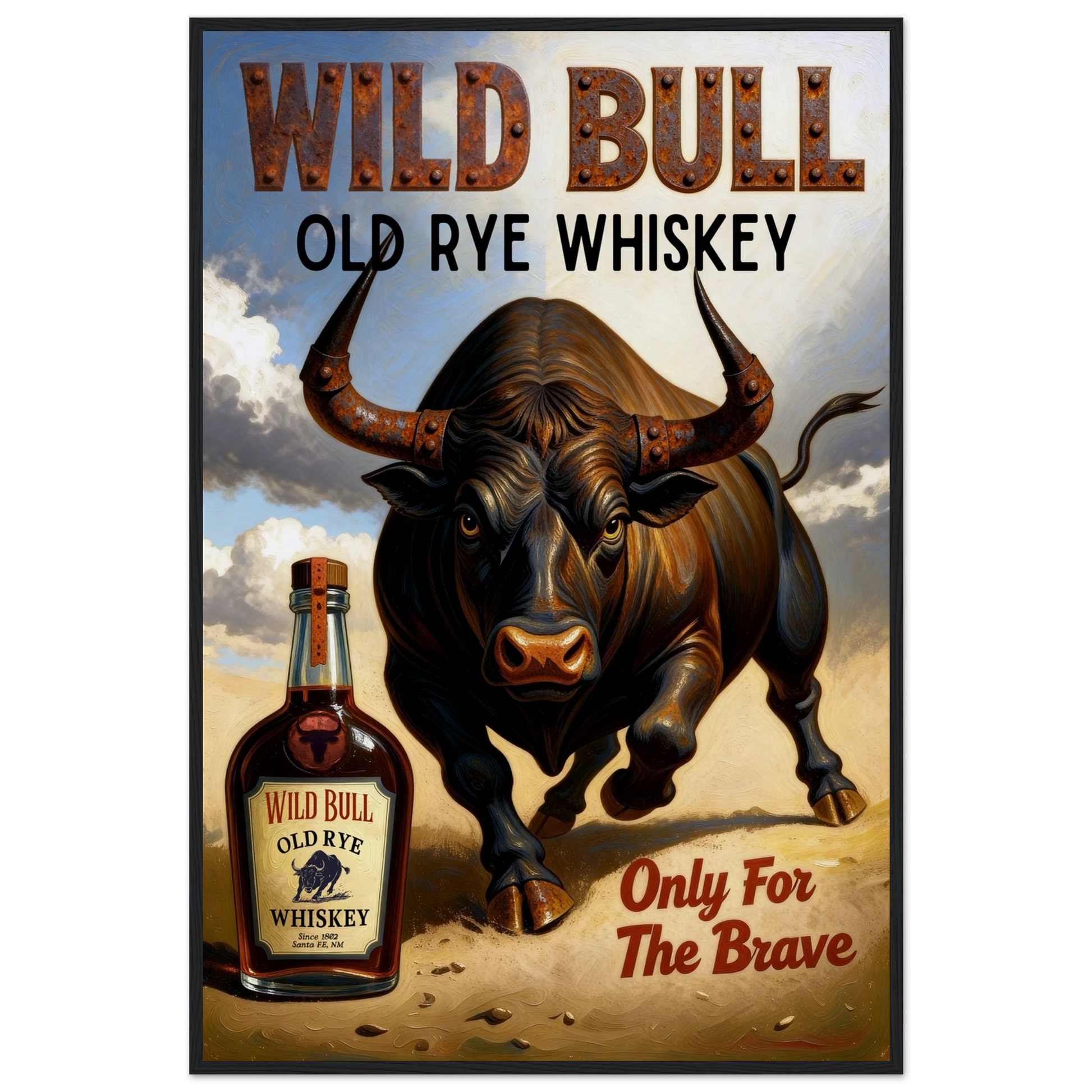 Wild Bull Old West Rye Whiskey Poster Print 60x90 cm 24x36″ Museum-Quality Matte Framed Poster Black Wood Frame