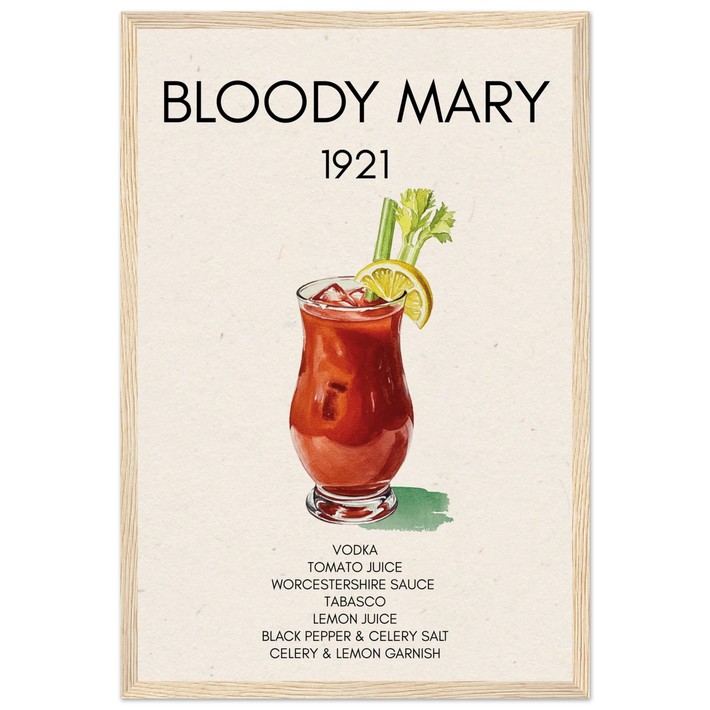 Bloody Mary Cocktail Bar Poster Print Light Wood Frame 30x45 cm 12x18″ Museum-Quality Matte Paper Wooden Framed Poster