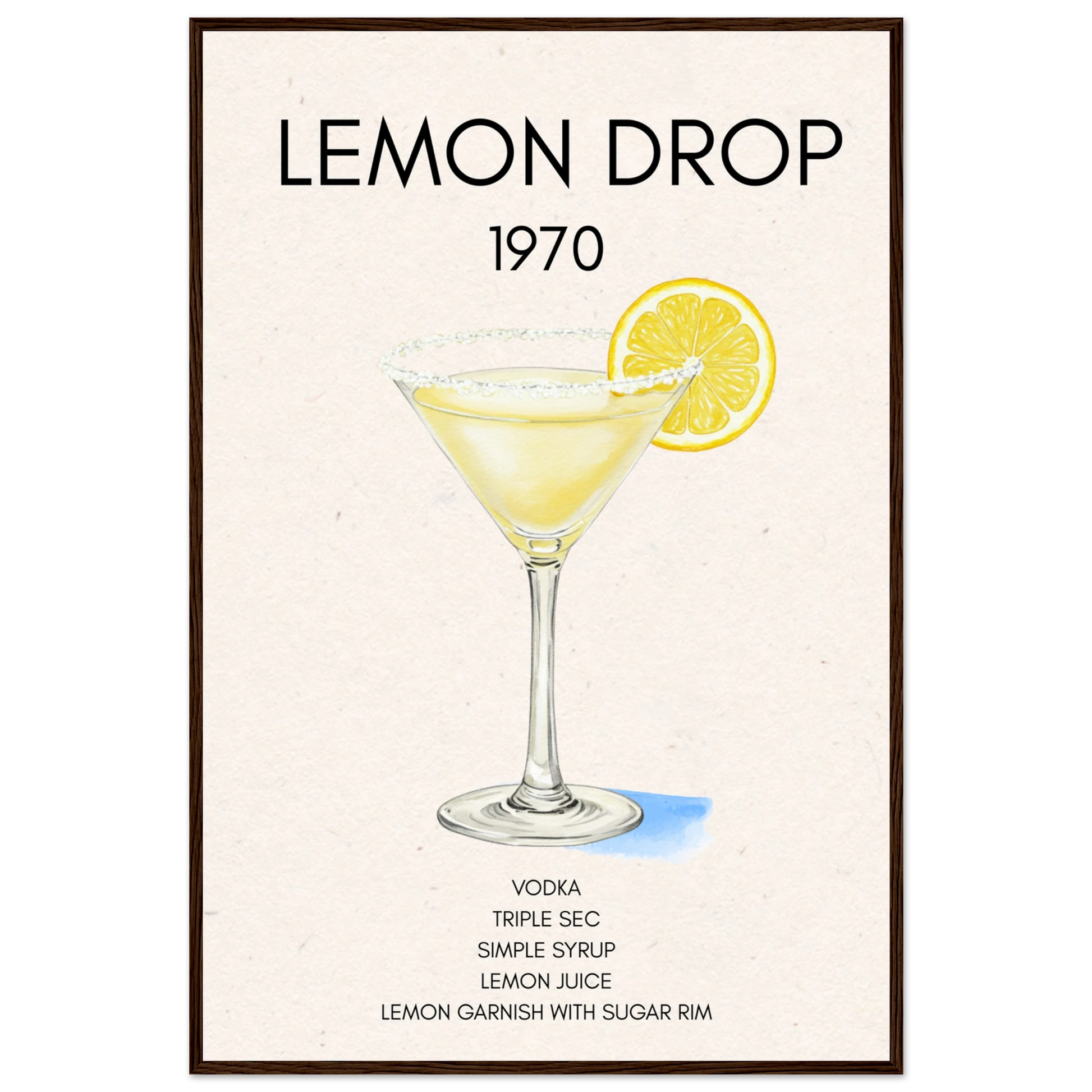 Lemon Drop Martini Cocktail Bar Art Print Dark Brown Wood Frame 60x90 cm 24x36″ Premium Matte Paper Wooden Framed Poster