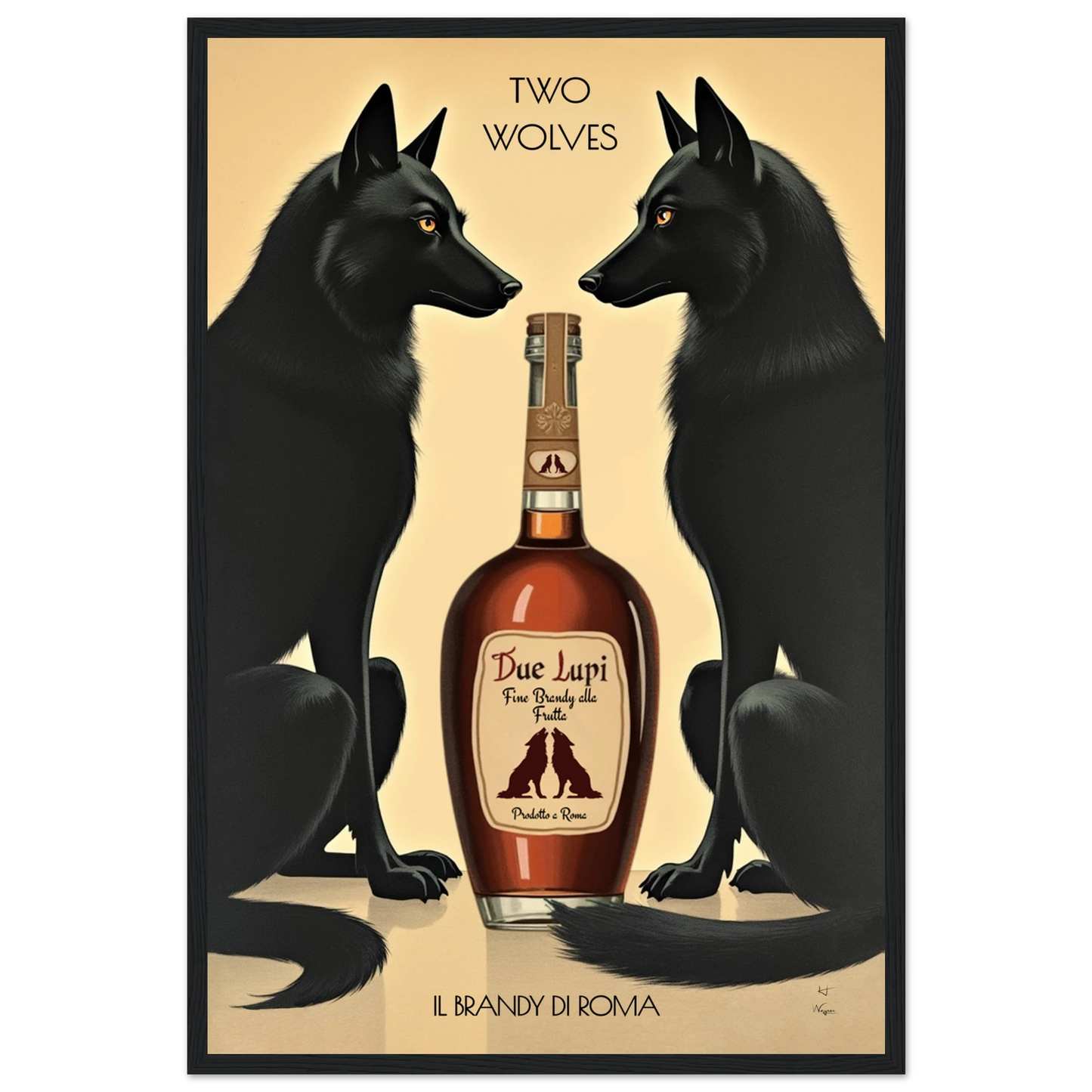 Two Wolves Italian Cocktail Bar Art Print 60x90 cm 24x36″ Framed Canvas Dark Brown Wood Frame