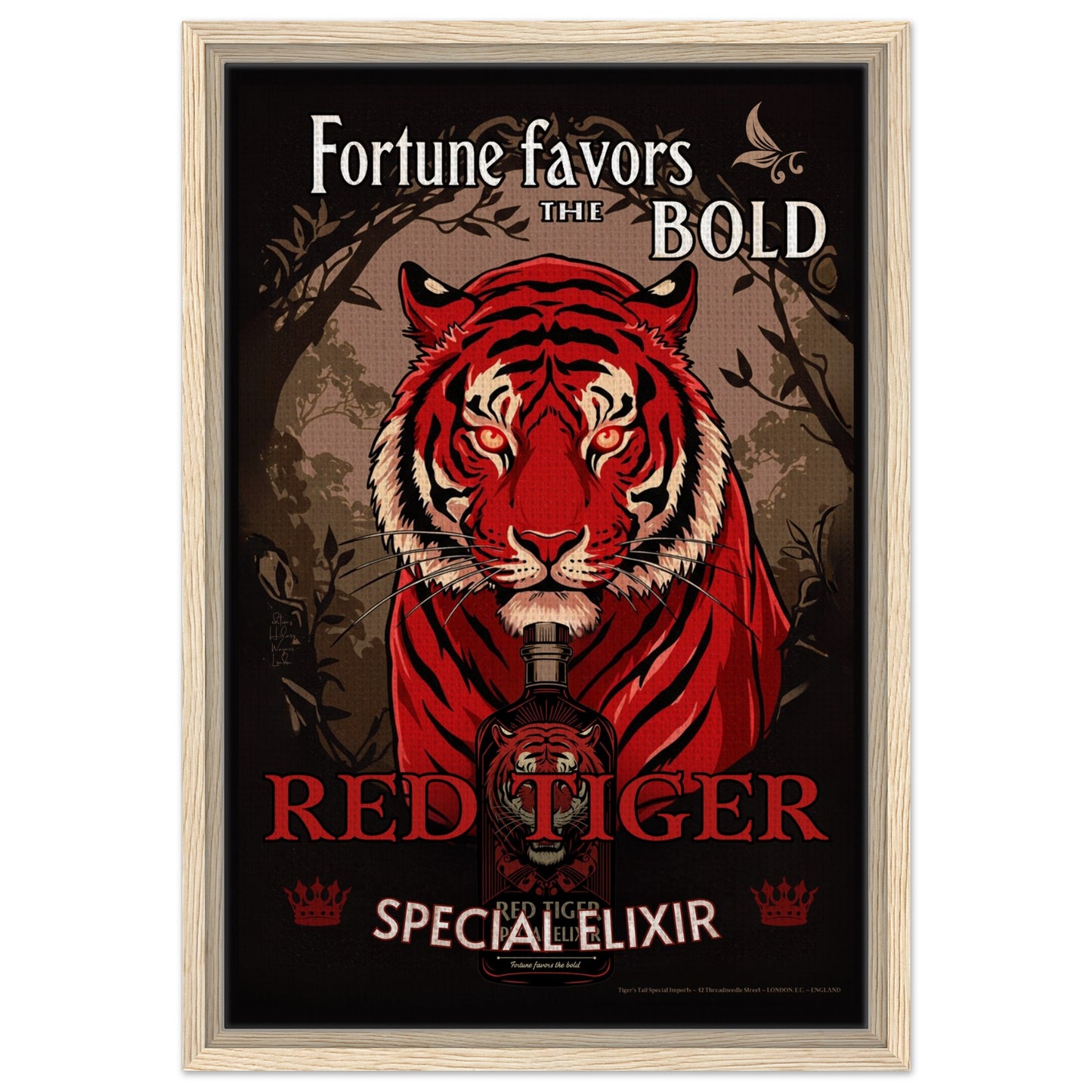 Tiger Cocktail Bar Art Poster Print 40x60 cm 16x24″ Framed Canvas - Light Wood