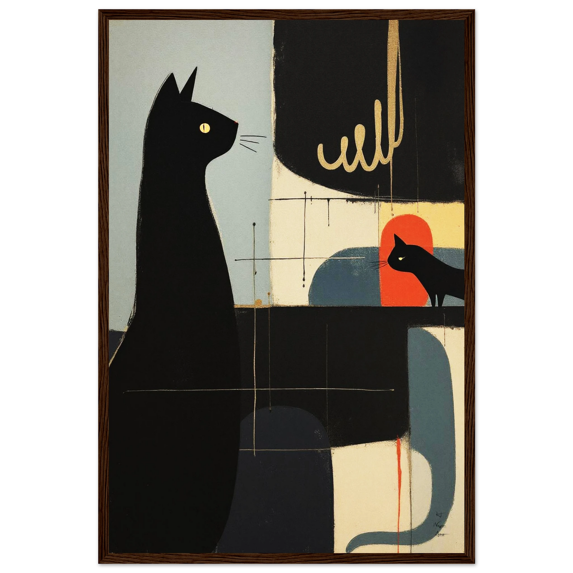 Abstract Cat & Kitten Modern Art Print Dark Brown Wood Frame 40x60 cm 16x24″ Premium Matte Framed Poster