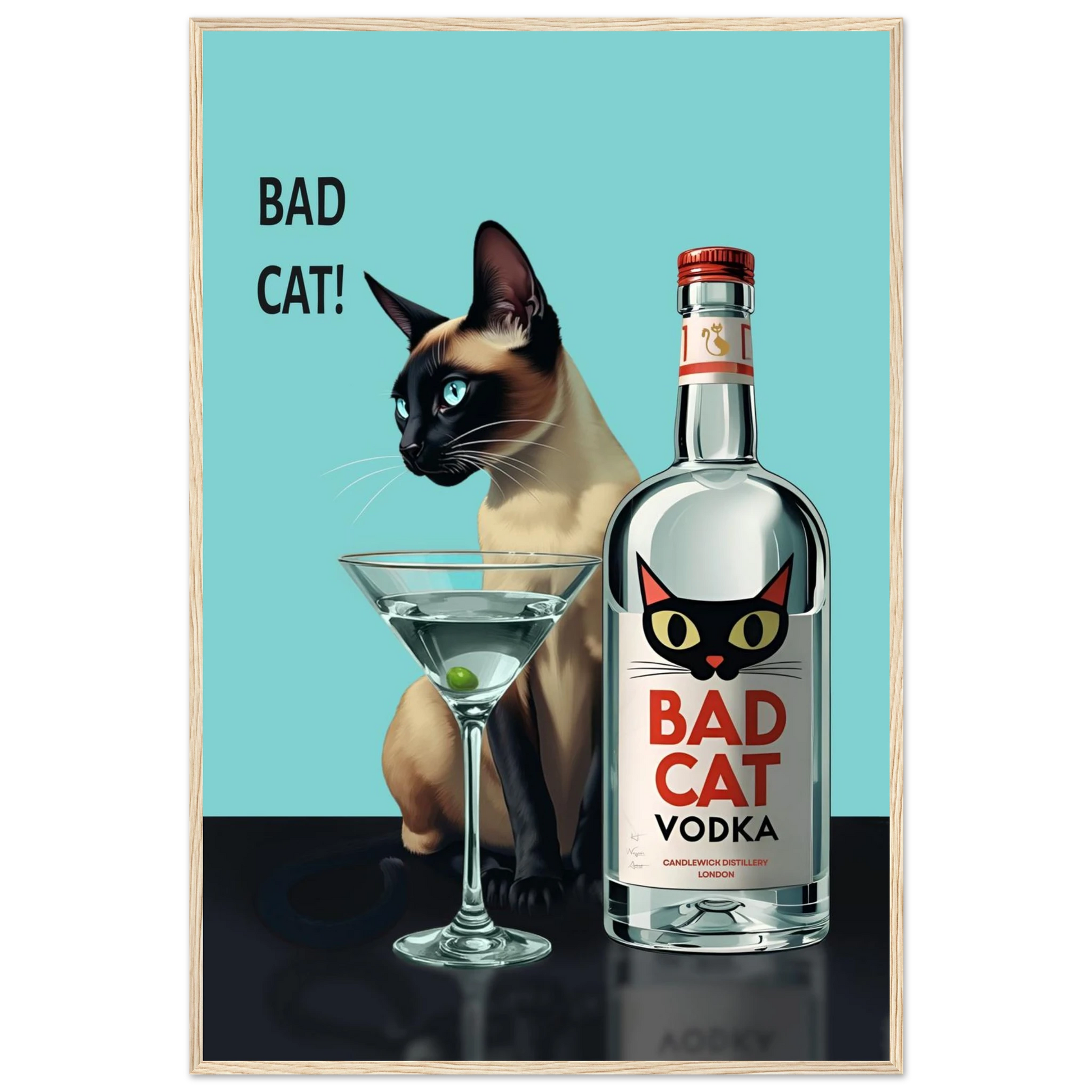 Siamese Cat Retro Martini Cocktail Bar Art Print Light Wood Frame 60x90 cm 24x36″ Premium Matte Paper Wooden Framed Poster