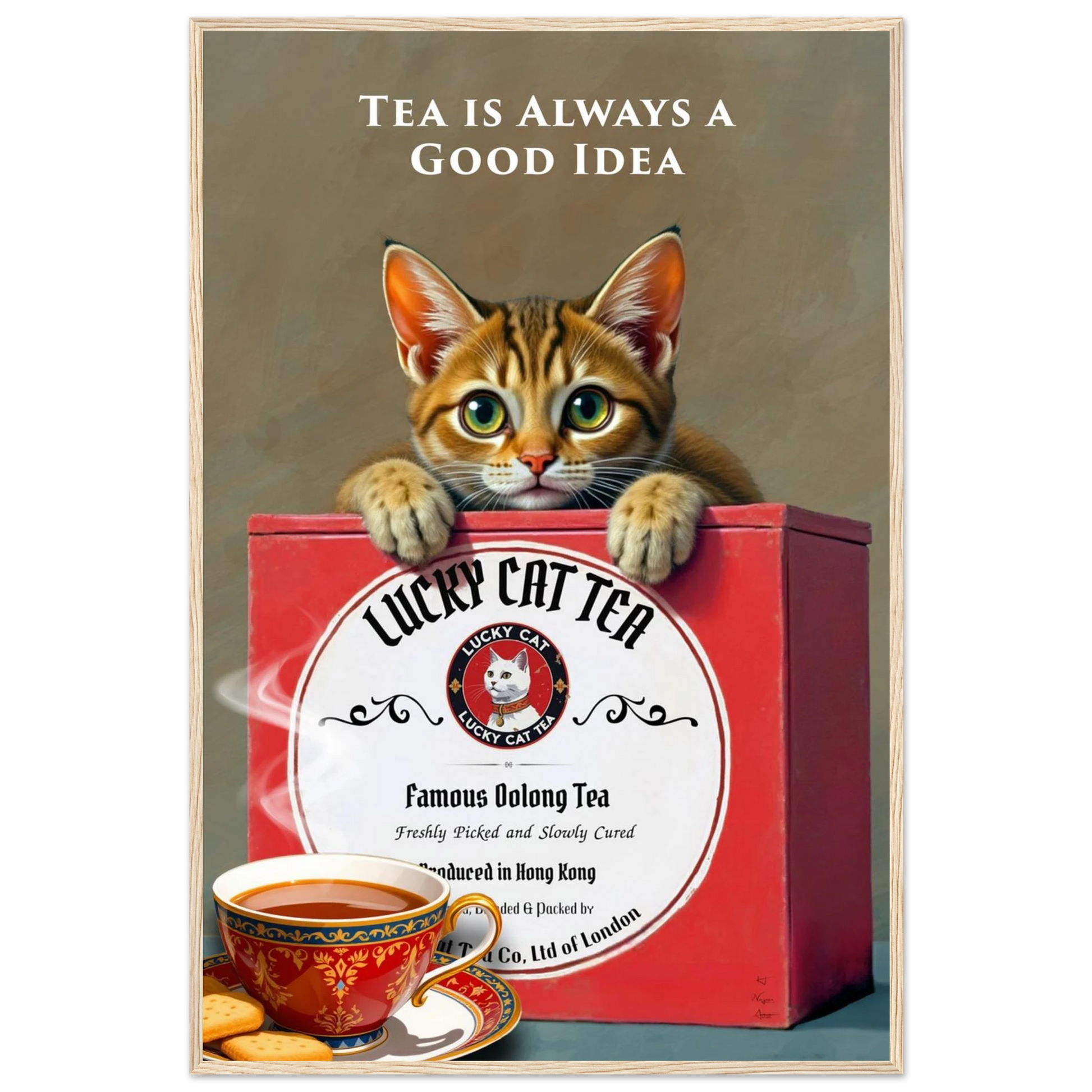 Tabby Lucky Cat Tea Vintage Kitchen Art Print Light Wood Frame 60x90 cm 24x36″ Premium Matte Paper Wooden Framed Poster