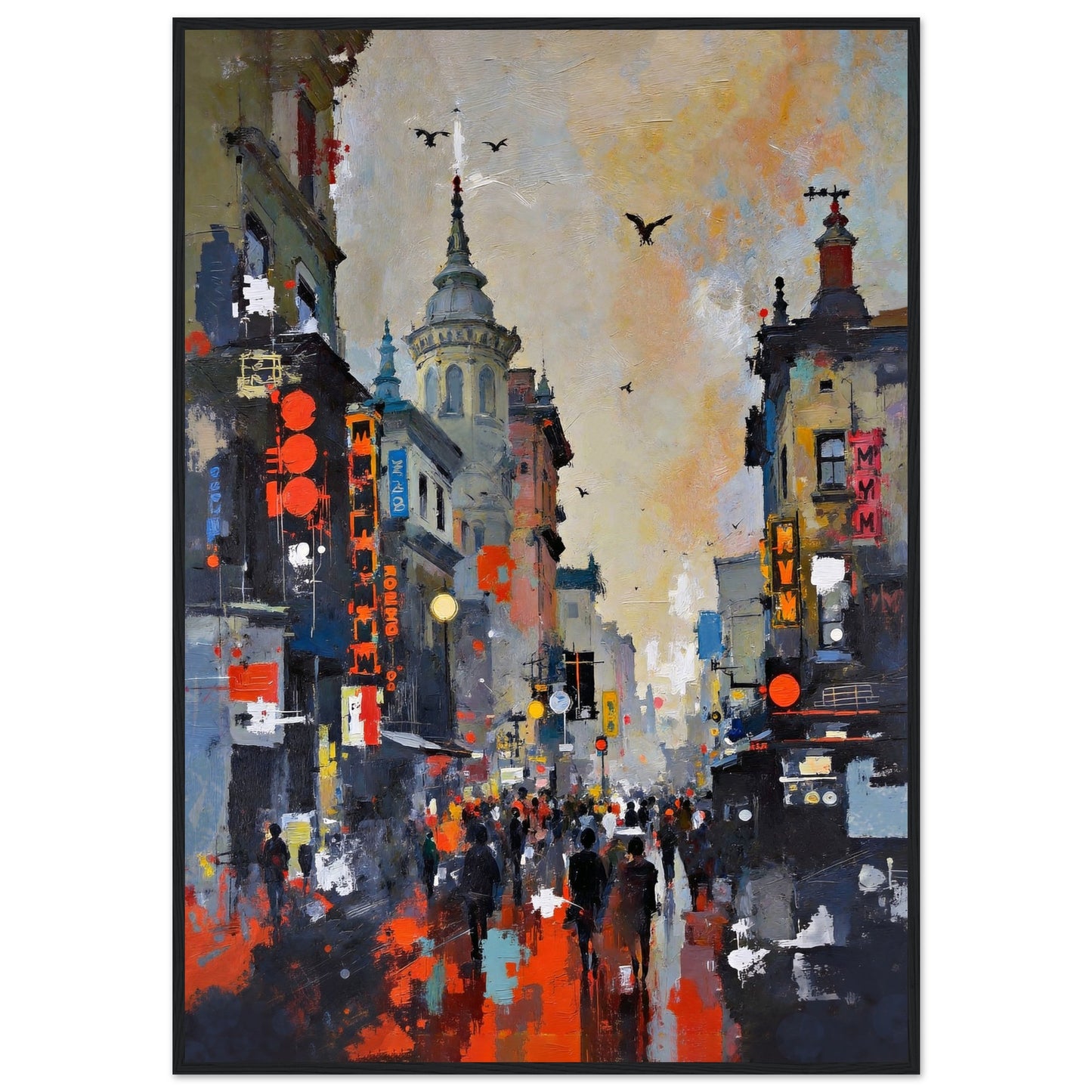 Gothic City Street Art Print - European Cityscape 70x100 cm 28x40″ Classic Matte Framed Poster - Black Wood