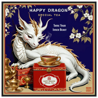 Happy Dragon Tea Art Print 70x70 cm 28x28″ Premium Matte Paper Wooden Framed Poster Black Wood Frame