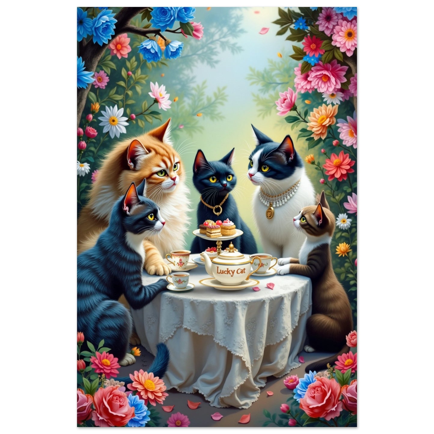 Lucky Cat Garden Tea Party Kitchen Art Print No Frame 40x60 cm 16x24″ Premium Matte Paper Poster