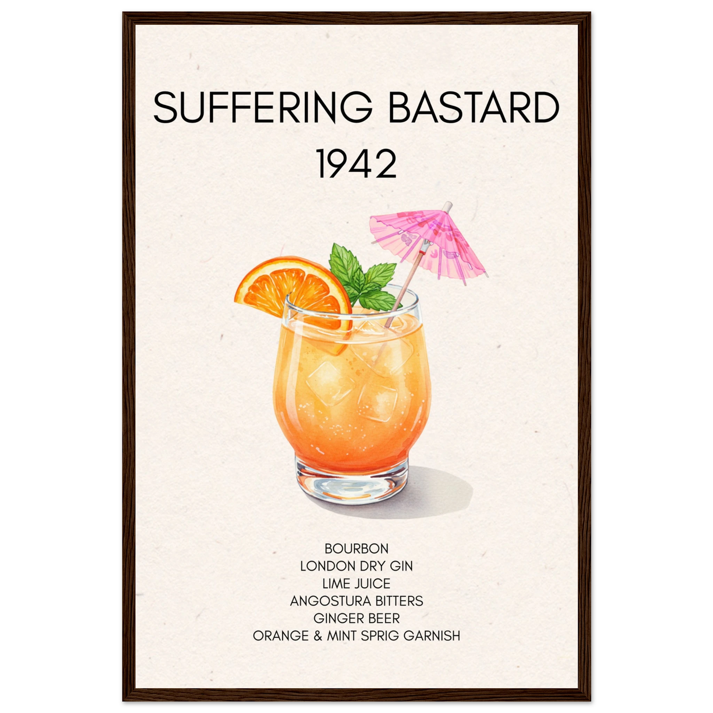 Suffering Bastard Tiki Cocktail Bar Poster Print Dark Brown Wood Frame 40x60 cm 16x24″ Premium Matte Paper Wooden Framed Poster